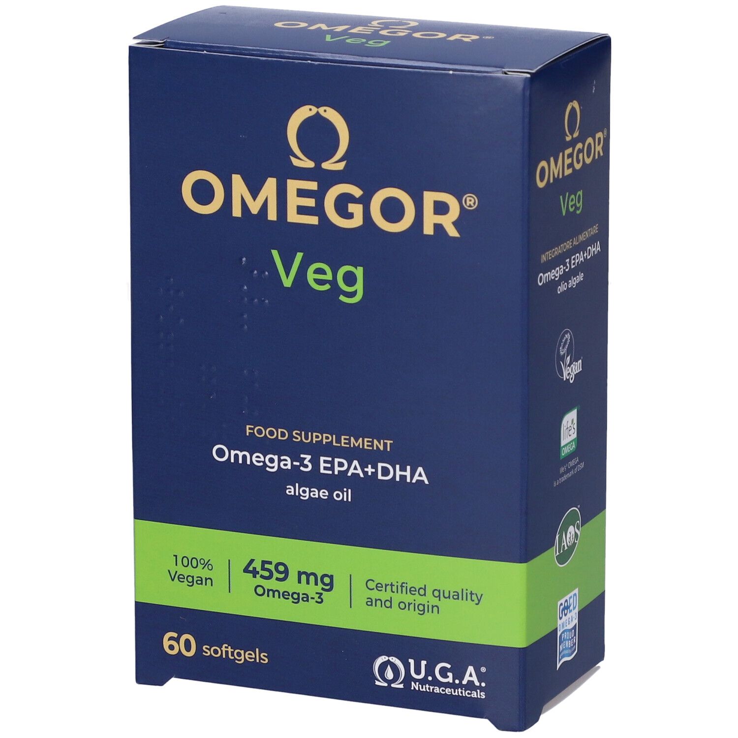 Boîte OMEGOR® Veg. Boîte bleue avec des accents verts. Contient 60 gélules. Inscription : Oméga-3 EPA+DHA, 100% végétal.