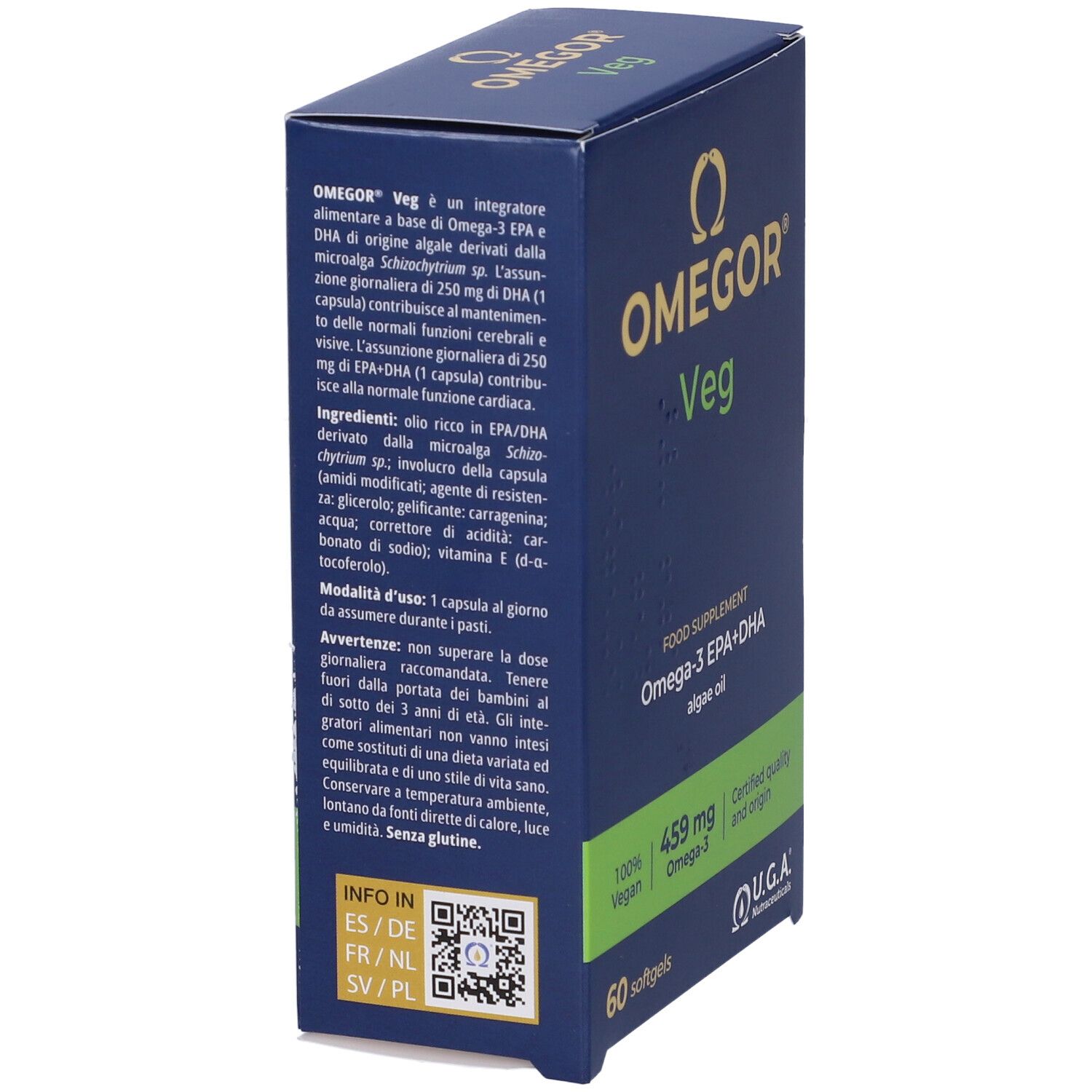 Boîte OMEGOR® Veg. Boîte bleue avec des accents verts. Contient 60 gélules. Inscription : Oméga-3 EPA+DHA, 100% végétal.