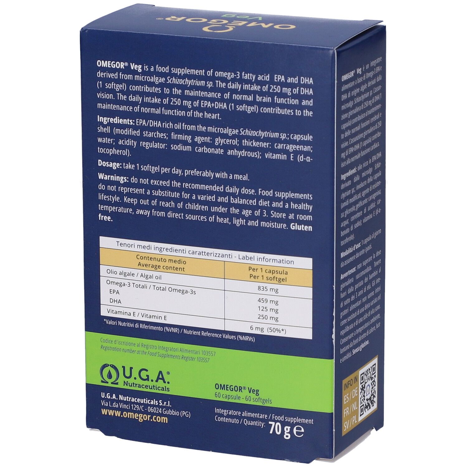 Boîte OMEGOR® Veg. Boîte bleue avec des accents verts. Contient 60 gélules. Inscription : Oméga-3 EPA+DHA, 100% végétal.