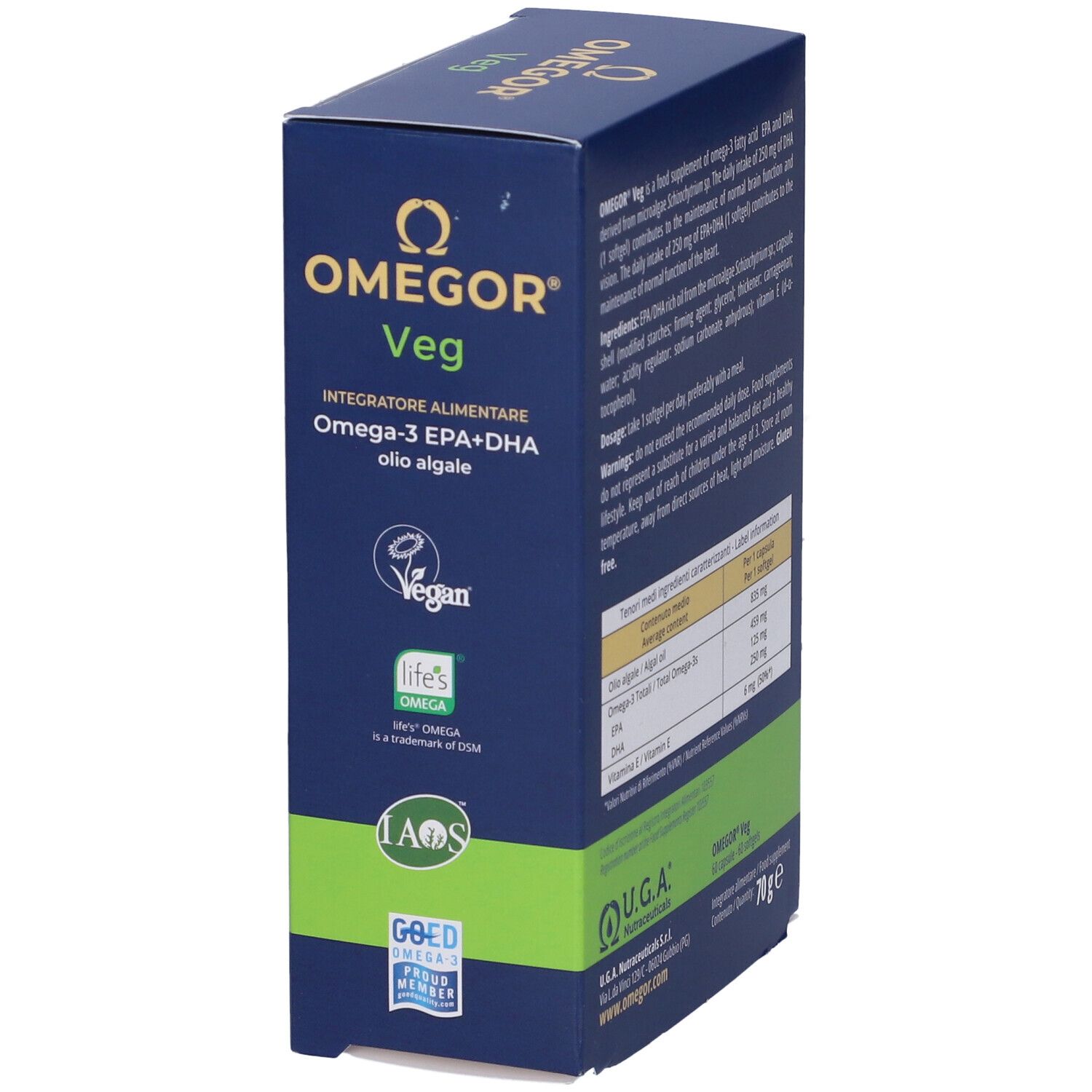 Boîte OMEGOR® Veg. Boîte bleue avec des accents verts. Contient 60 gélules. Inscription : Oméga-3 EPA+DHA, 100% végétal.