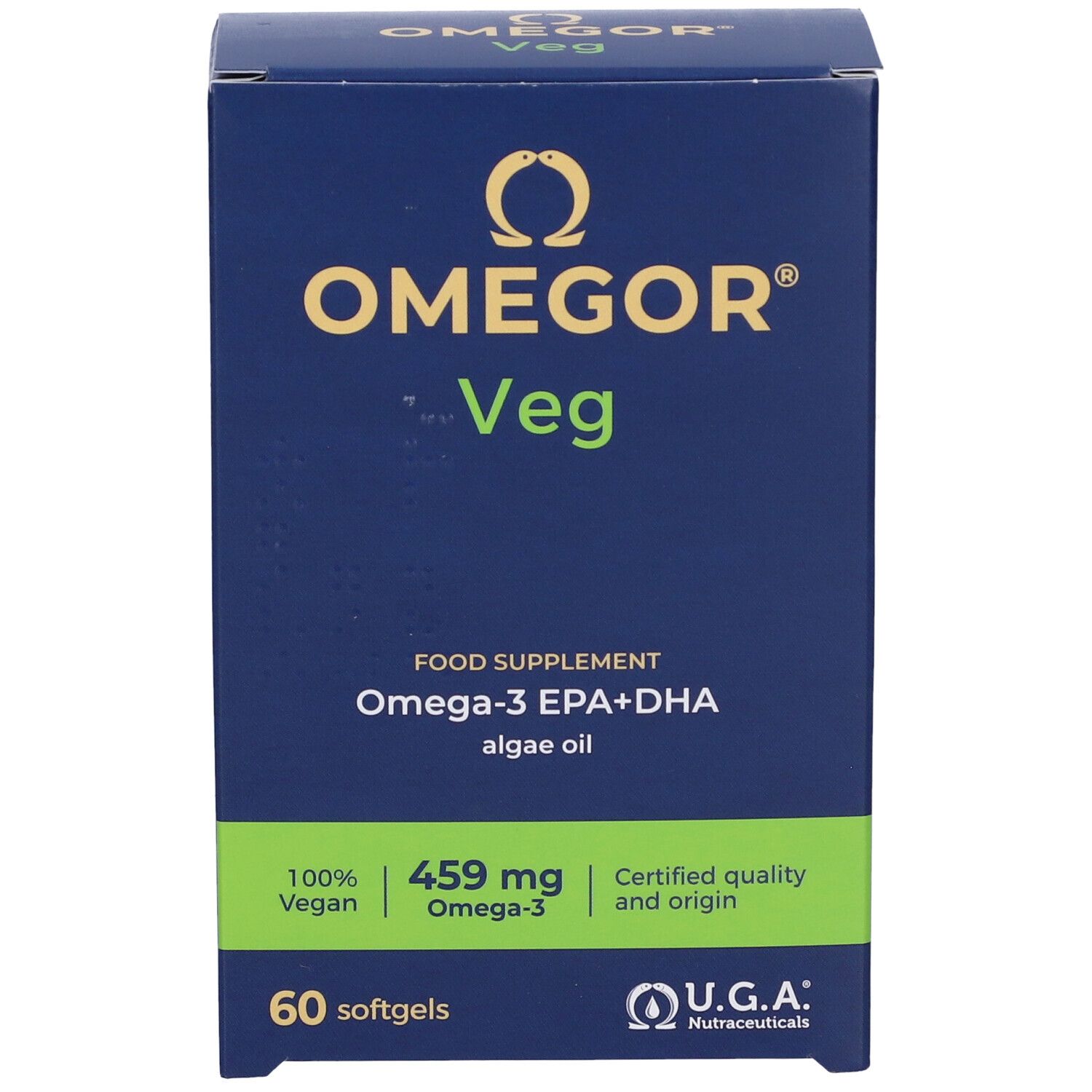 Boîte OMEGOR® Veg. Boîte bleue avec des accents verts. Contient 60 gélules. Inscription : Oméga-3 EPA+DHA, 100% végétal.