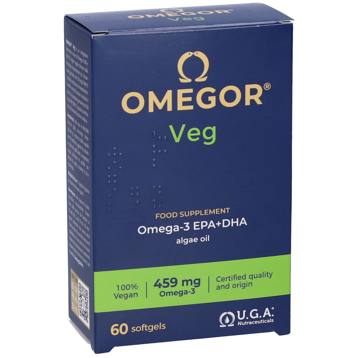 Boîte OMEGOR® Veg. Boîte bleue avec des accents verts. Contient 60 gélules. Inscription : Oméga-3 EPA+DHA, 100% végétal.