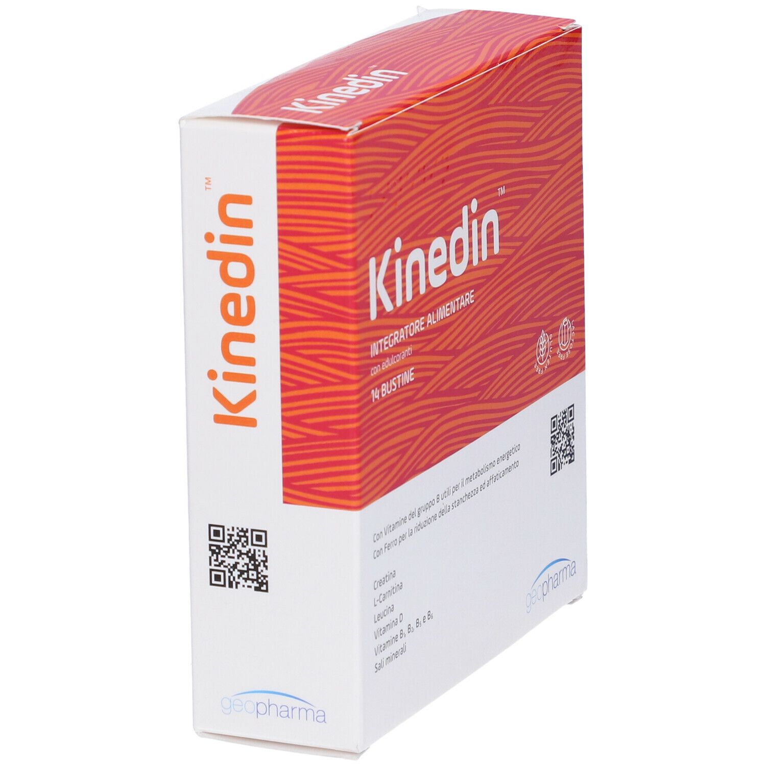Confezione Kinedin, rossa e bianca. Scritta: Kinedin. Contiene creatina, L-carnitina, leucina, vitamina D, vitamine B e minerali. QR code.