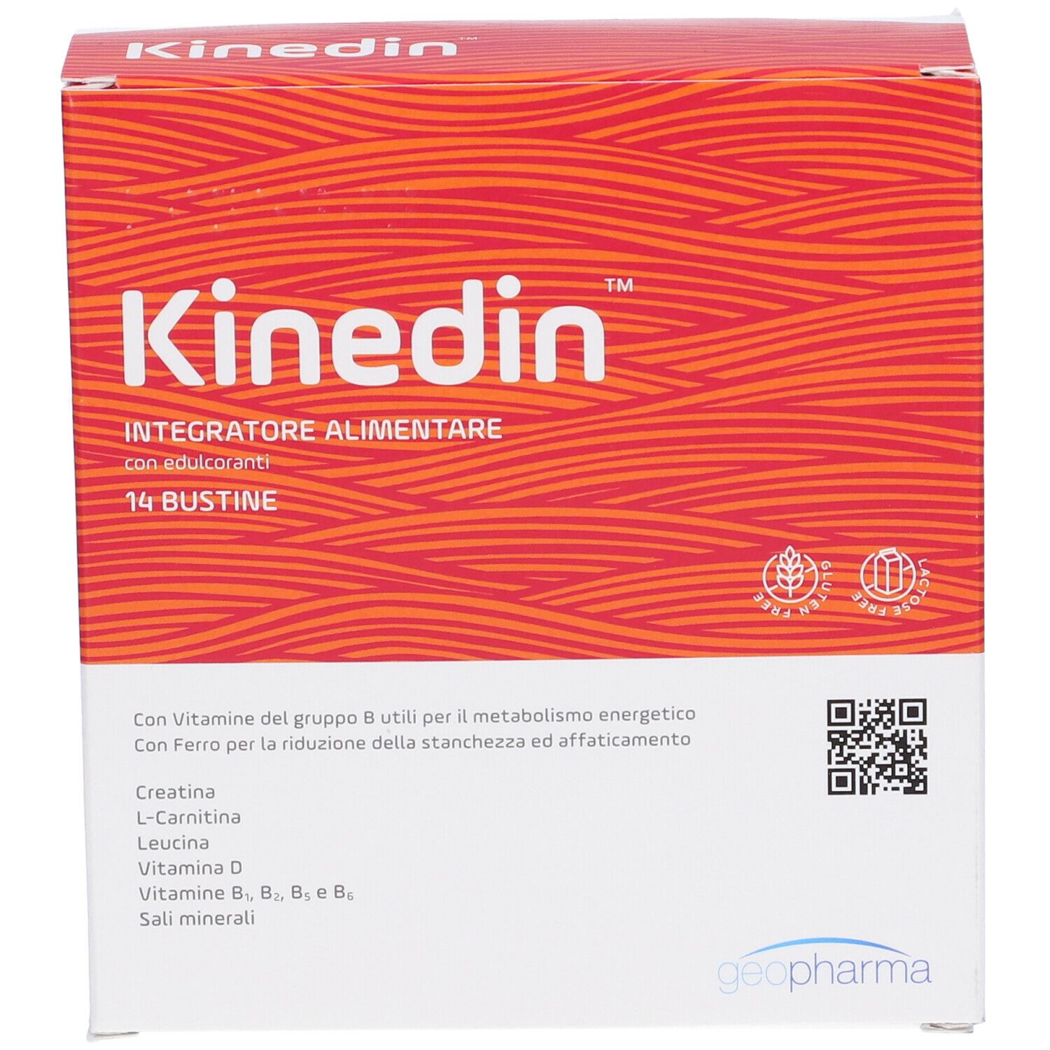 Confezione Kinedin, rossa e bianca. Scritta: Kinedin, 14 bustine. Contiene creatina, L-carnitina, leucina, vitamina D, vitamine B e minerali.