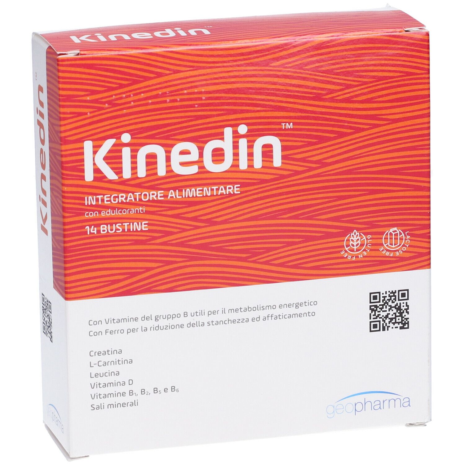 Confezione Kinedin, rossa e bianca. Scritta: Kinedin, 14 bustine. Contiene creatina, L-carnitina, leucina, vitamina D, vitamine B e minerali.