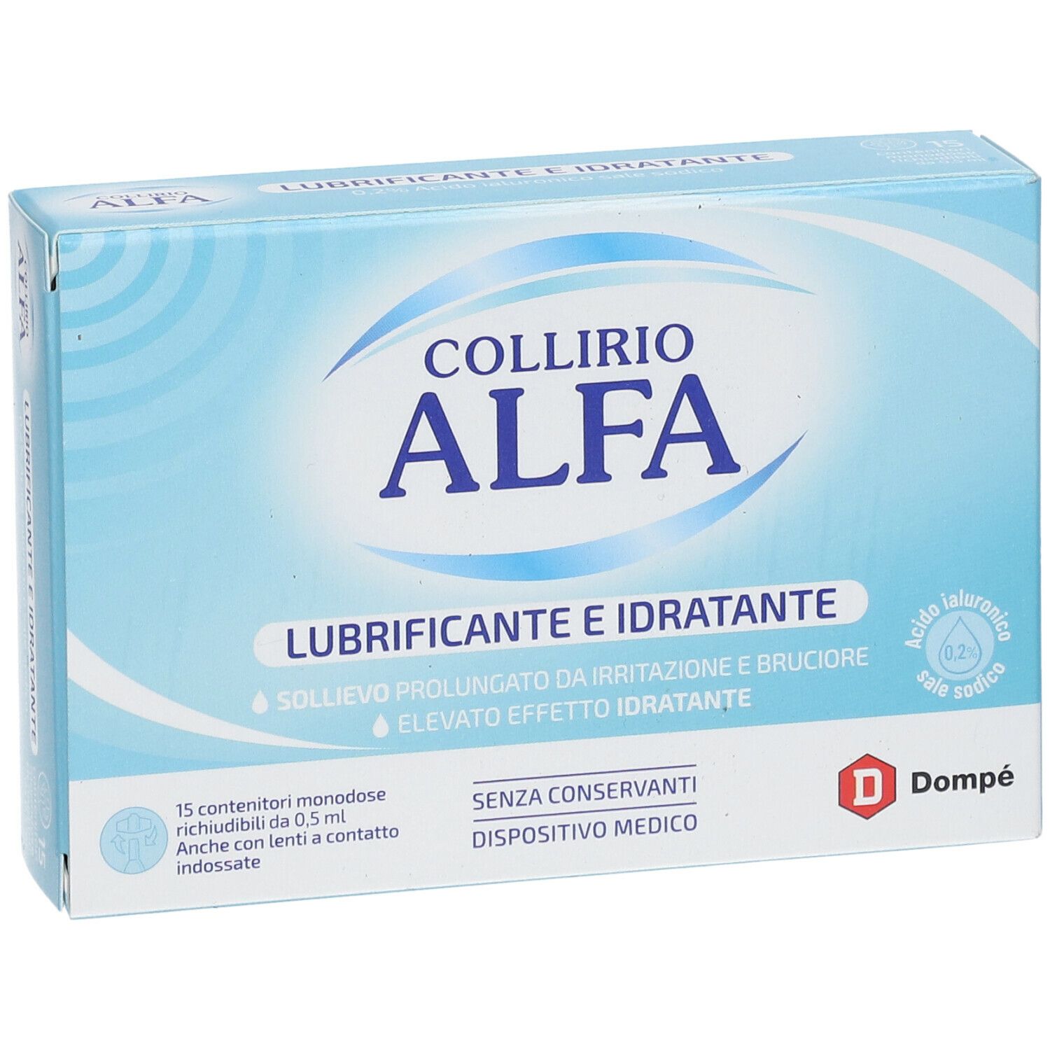 Scatola azzurra con scritta bianca. Scritto: COLLIRIO ALFA, LUBRIFICANTE E IDRATANTE. 15 contenitori monodose. Logo Dompé.