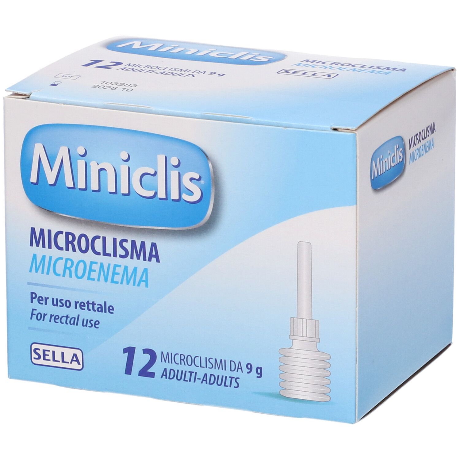 Scatola con 12 microclismi. Nome del prodotto e logo visibili. Per uso rettale.