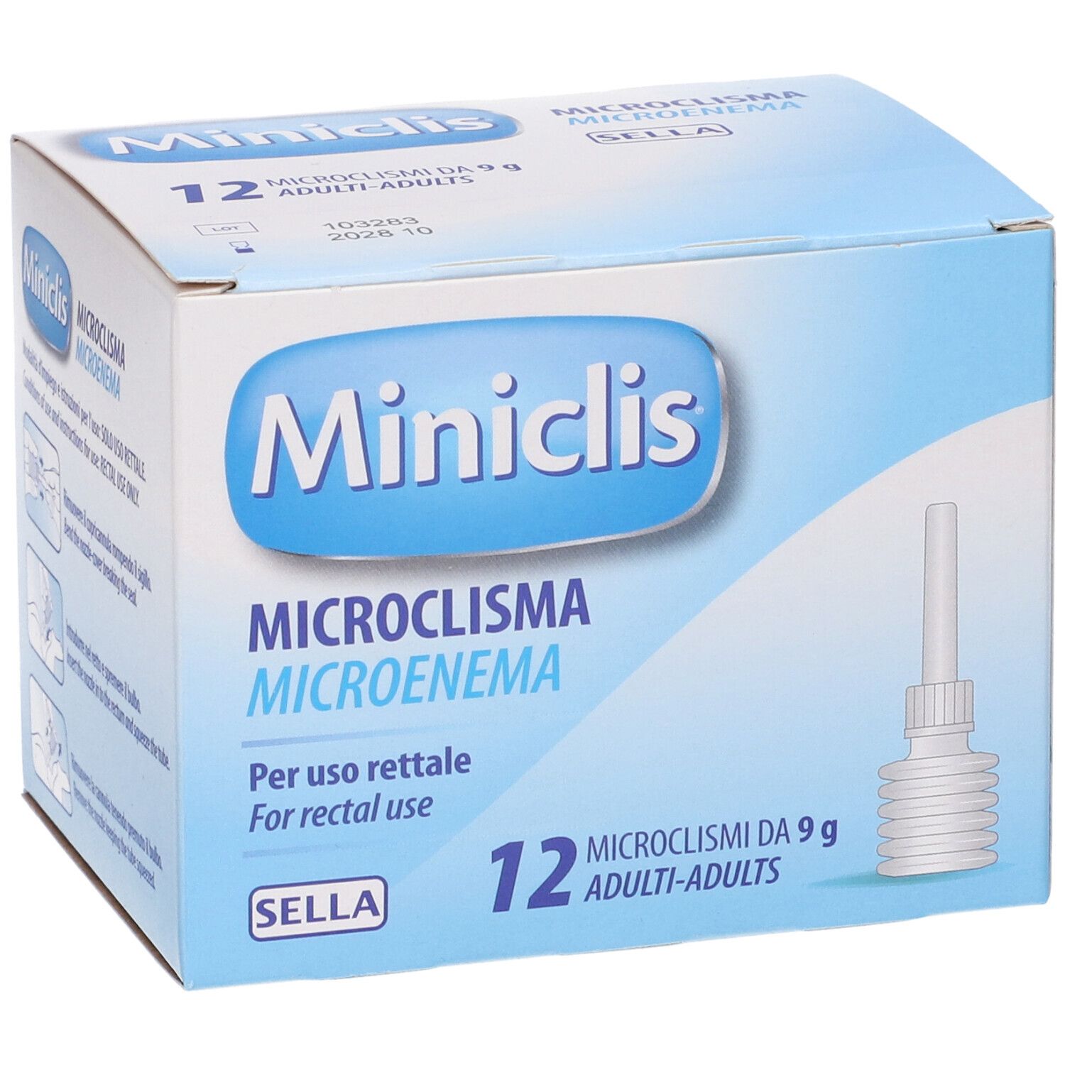 Scatola con 12 microclismi. Nome del prodotto e logo visibili. Per uso rettale.