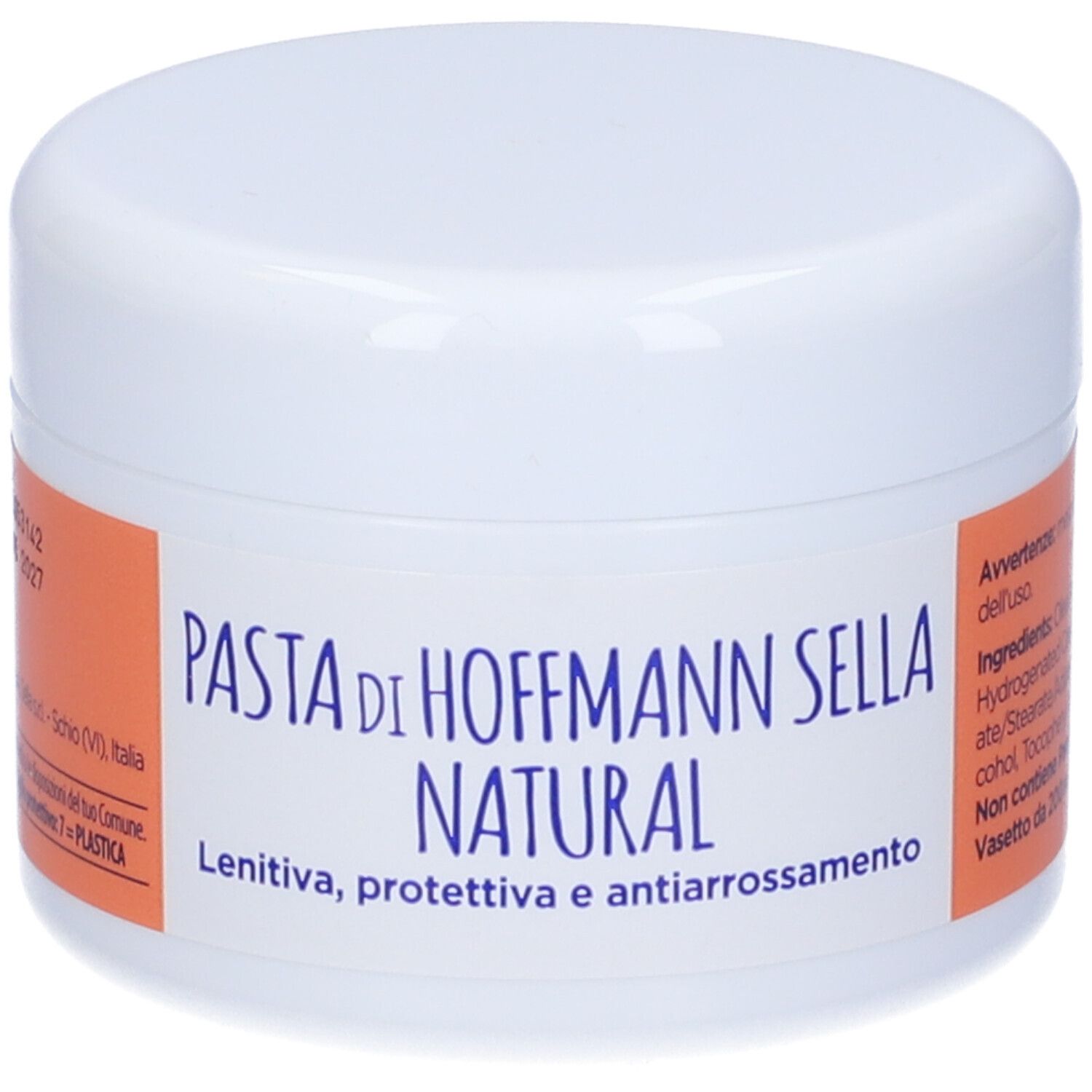 Weißes Creme-Glas mit orangefarbenem Etikett. Aufschrift: PASTA DI HOFFMANN SELLA NATURAL. Lenitiva, protettiva e antiarrossamento.