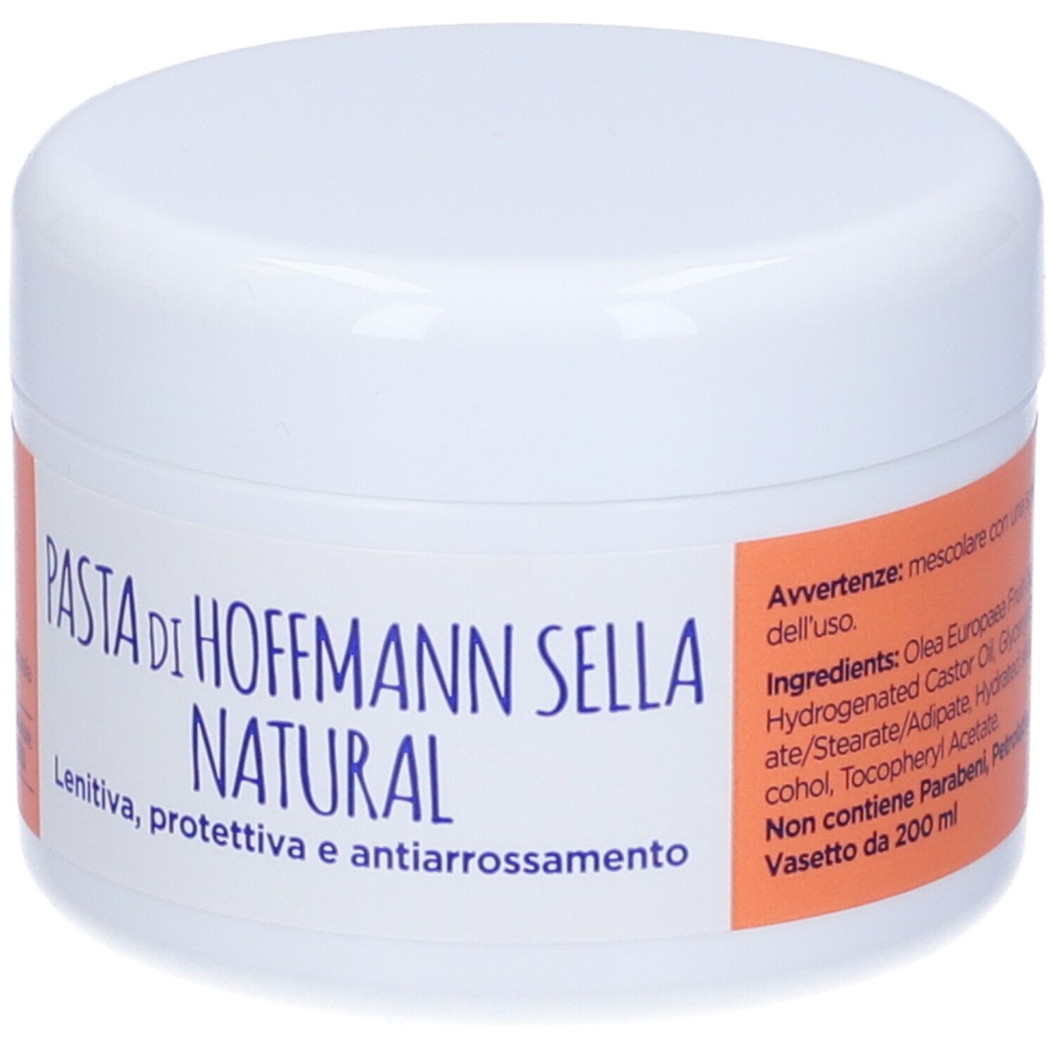 Creme-Glas mit orangefarbenem Etikett. Aufschrift: PASTA DI HOFFMANN SELLA NATURAL. Zutatenliste und Warnhinweis.