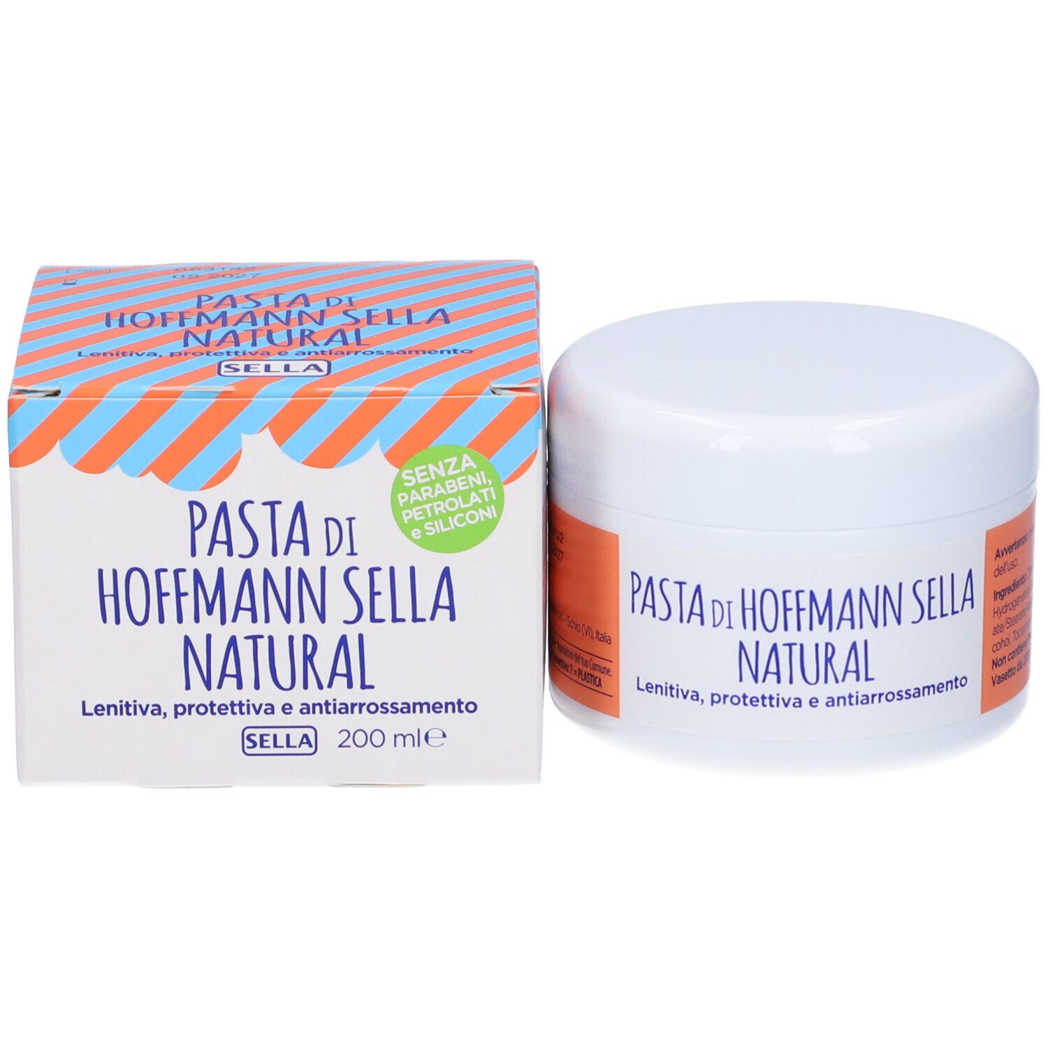 Creme-Dose und Verpackung von PASTA DI HOFFMANN SELLA NATURAL. Aufschrift: Lenitiva, protettiva e antiarrossamento. Ohne Parabene, Petrolati e Siliconi.