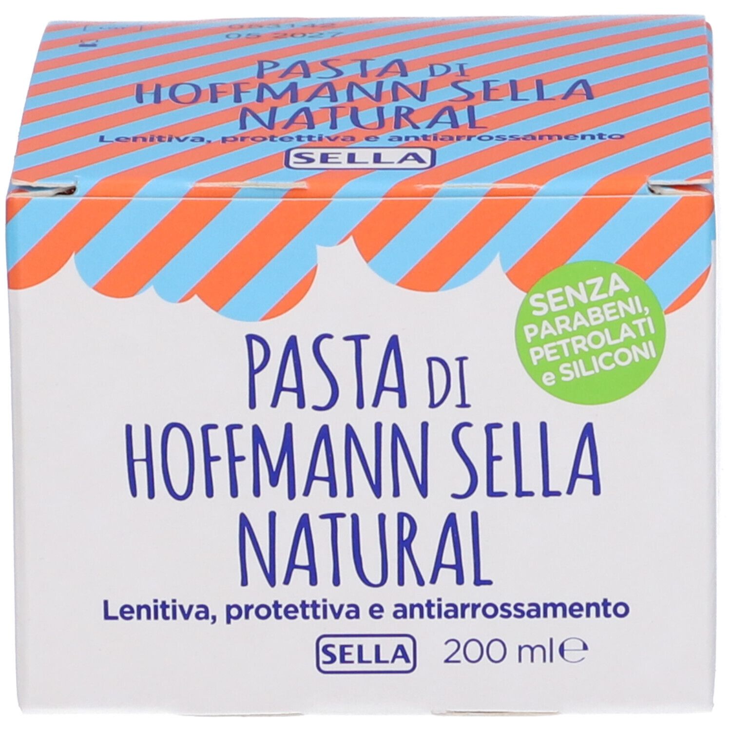 Verpackung von PASTA DI HOFFMANN SELLA NATURAL. Aufschrift: Lenitiva, protettiva e antiarrossamento. Ohne Parabene, Petrolati e Siliconi.