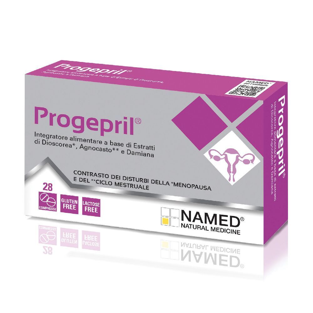 Scatola di Progepril®. Scatola rosa e bianca con nome del prodotto, logo e informazioni. Contiene 28 compresse.