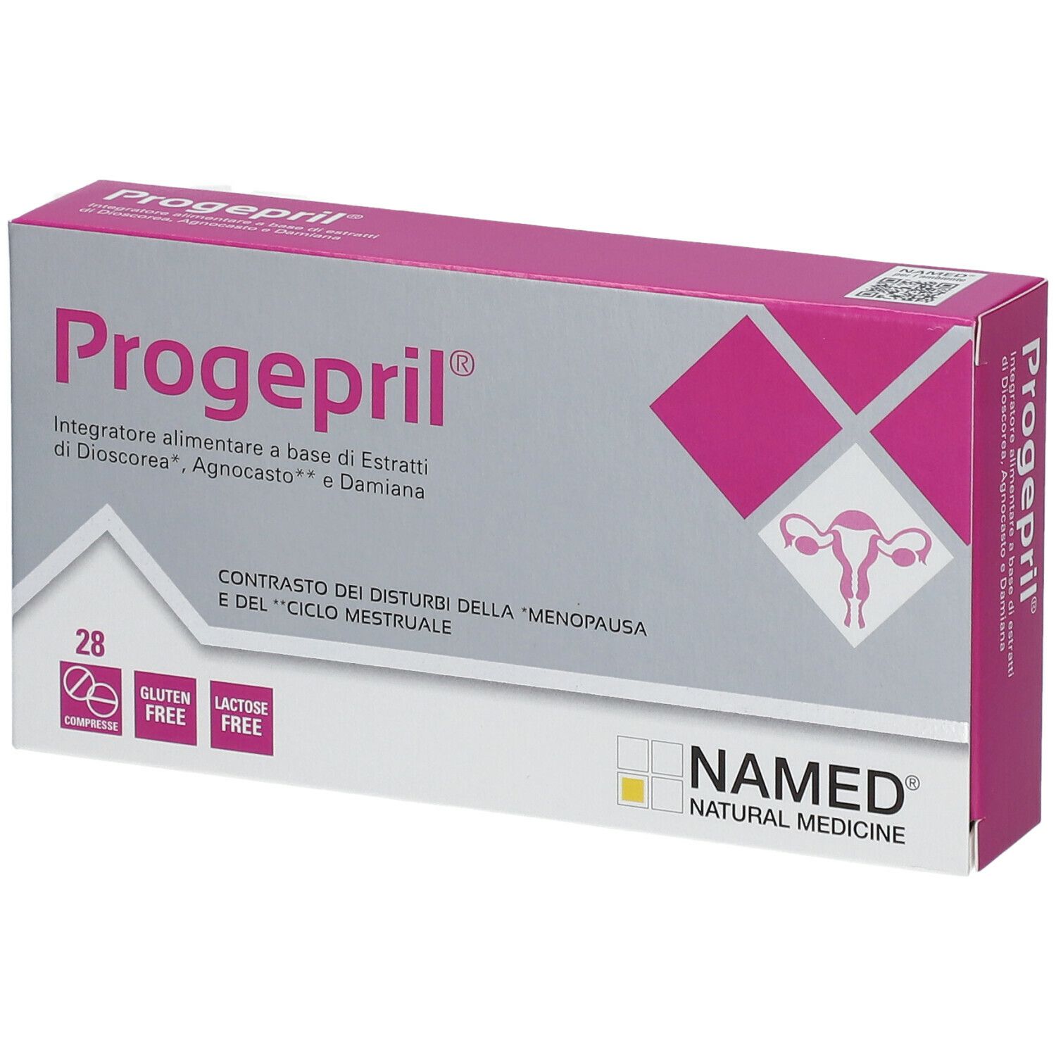 Scatola di Progepril®. Scatola rosa e bianca con nome del prodotto, logo e informazioni. Contiene 28 compresse.
