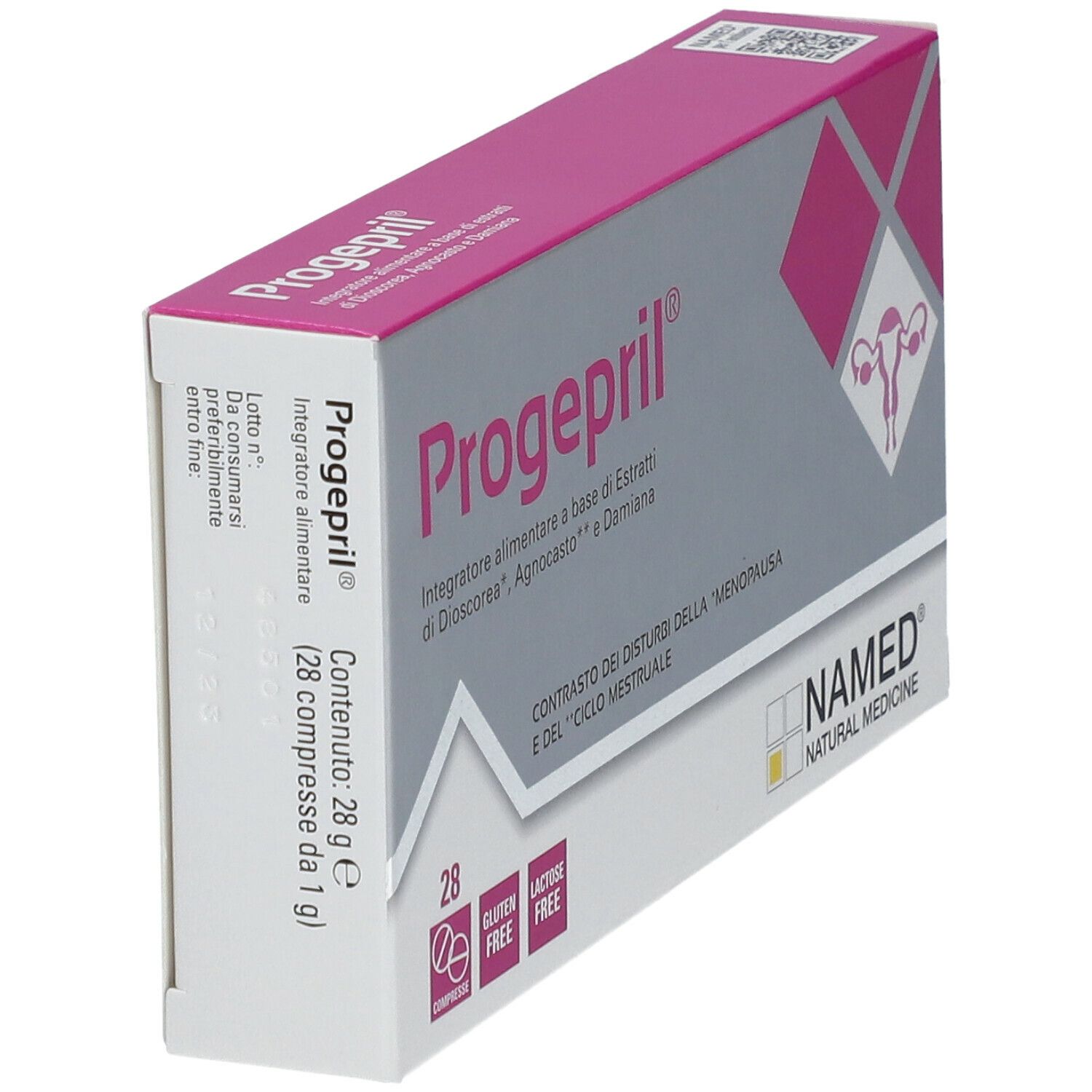 Scatola di Progepril®. Scatola rosa e bianca con nome del prodotto, logo e informazioni. Contiene 28 compresse.