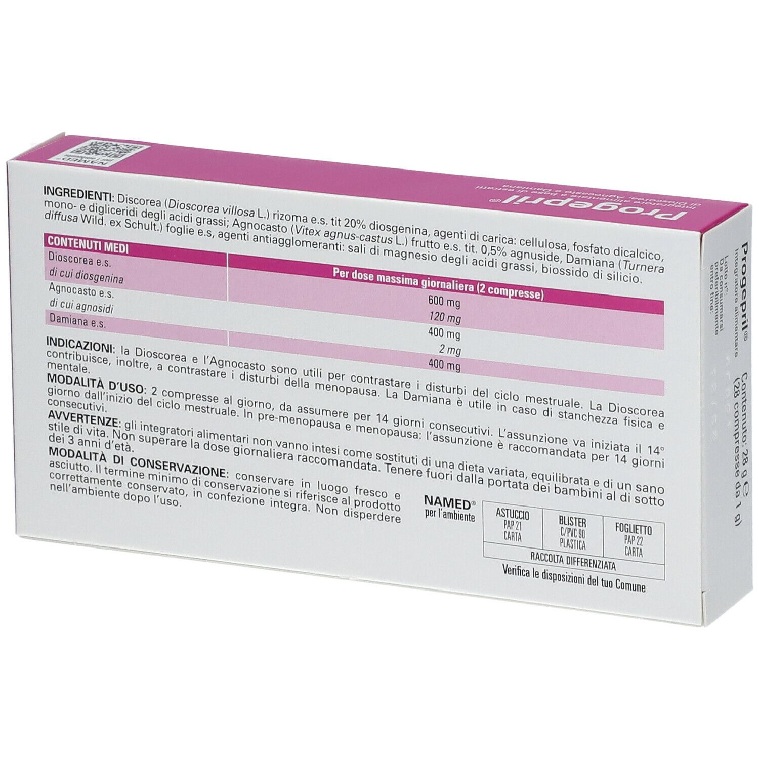 Scatola di Progepril®. Scatola rosa e bianca con nome del prodotto, logo e informazioni. Contiene 28 compresse. Vista laterale.