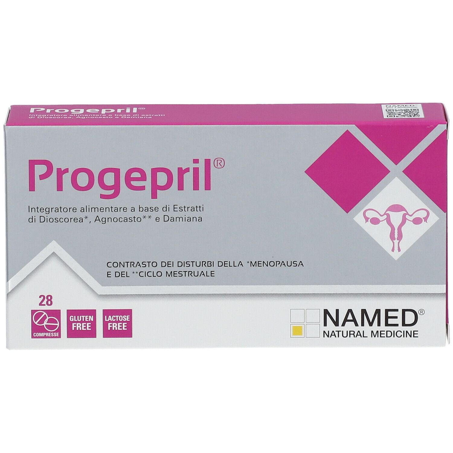 Retro della confezione di Progepril®. Contiene informazioni su ingredienti, dosaggio e avvertenze.