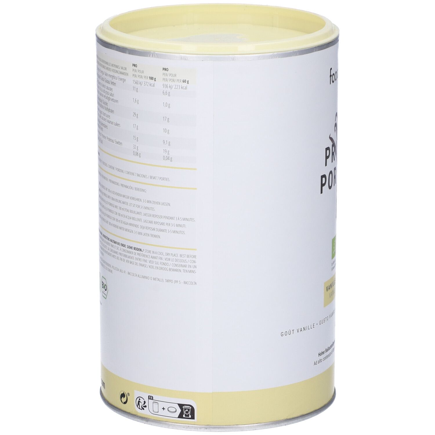 Barattolo cilindrico con informazioni sul prodotto. Scritta: Foodspring, Protein Porridge Vanille. Sigillo bio.
