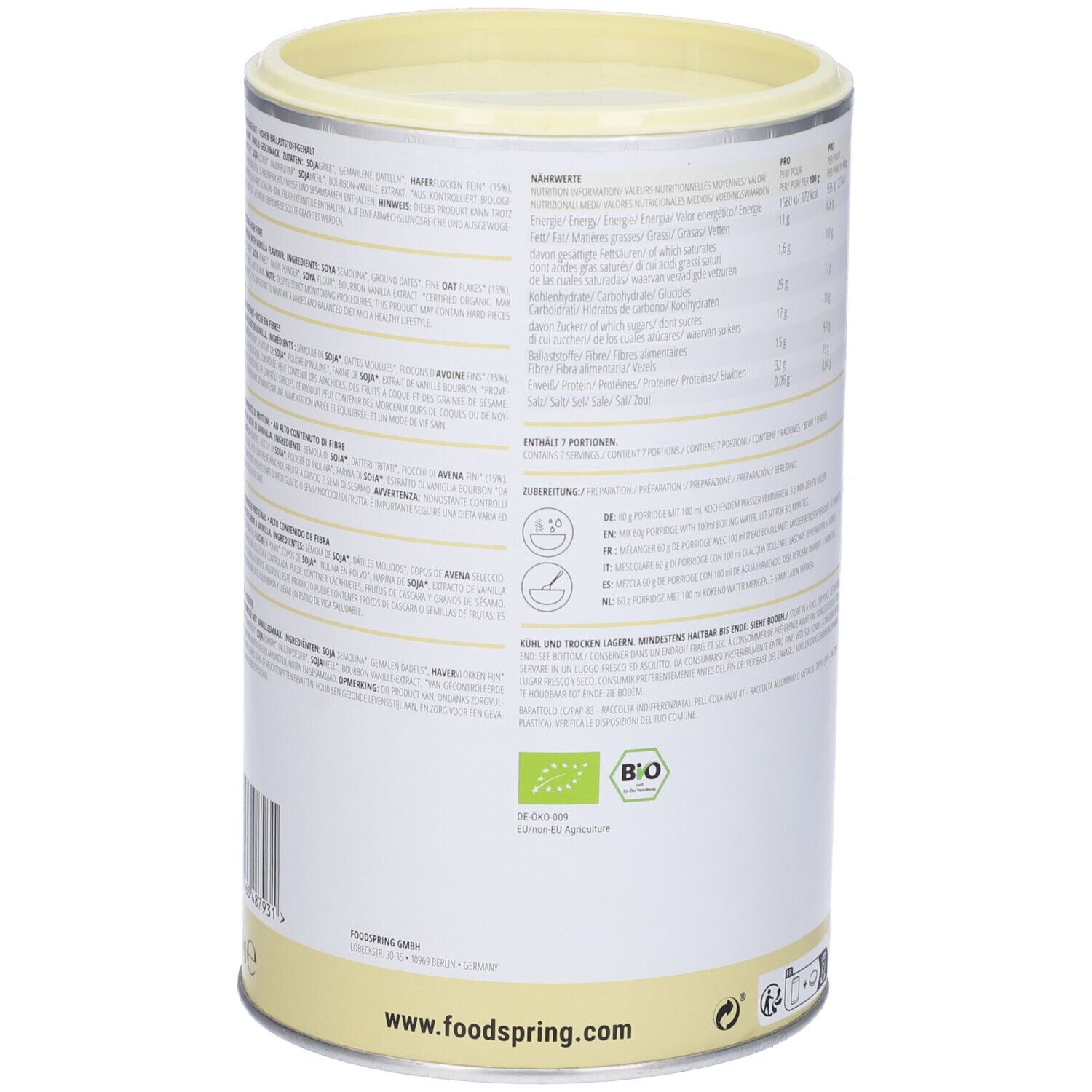 Barattolo cilindrico con informazioni sul prodotto. Scritta: Foodspring, Protein Porridge Vanille. Sigillo bio.