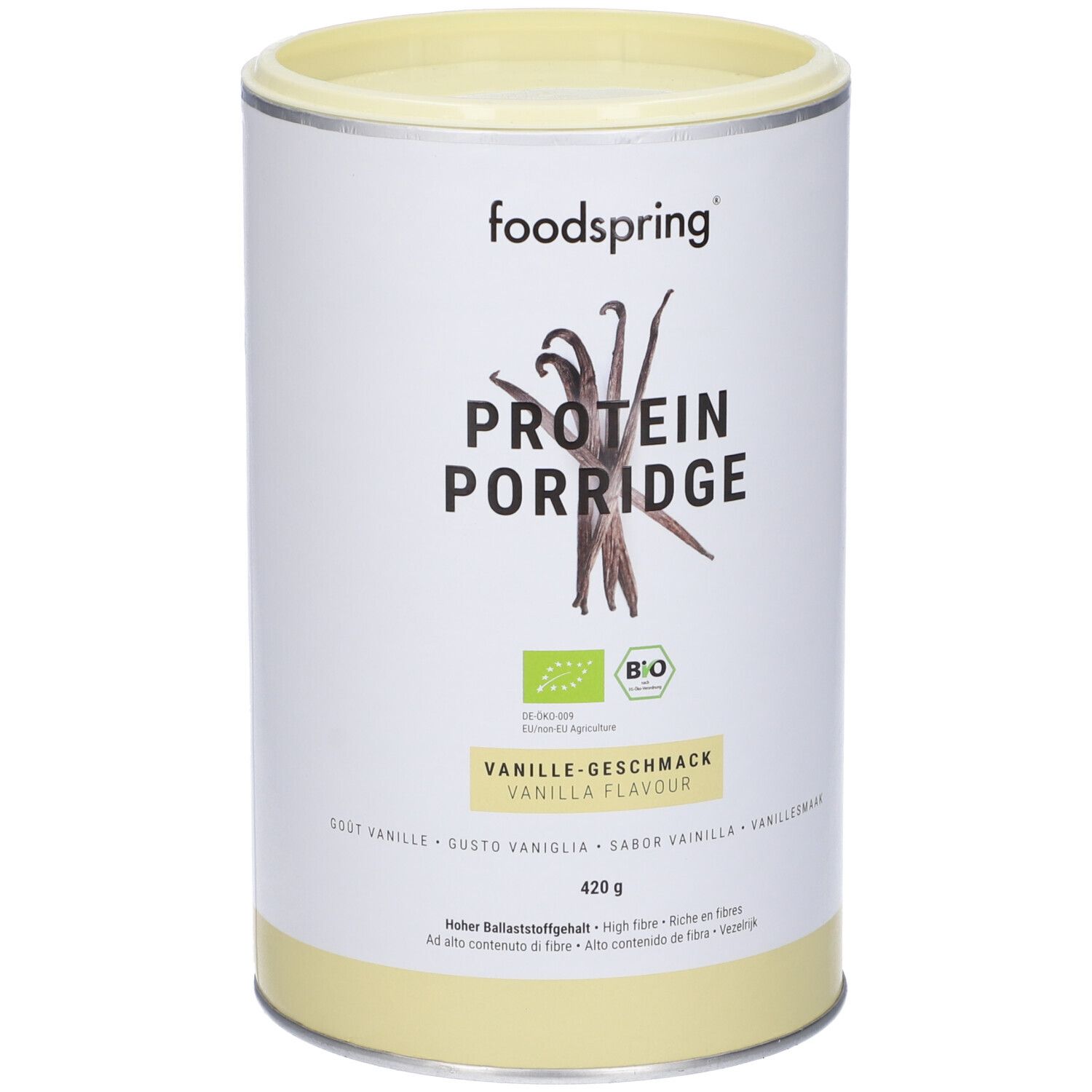 Barattolo cilindrico Foodspring Protein Porridge Vaniglia. Sigillo bio. 420g. Gusto vaniglia.