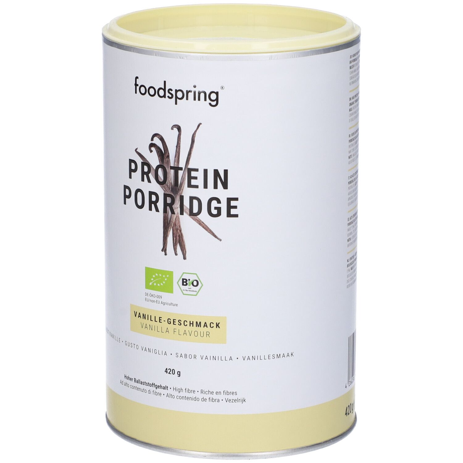 Barattolo cilindrico Foodspring Protein Porridge Vaniglia. Sigillo bio. 420g. Gusto vaniglia.