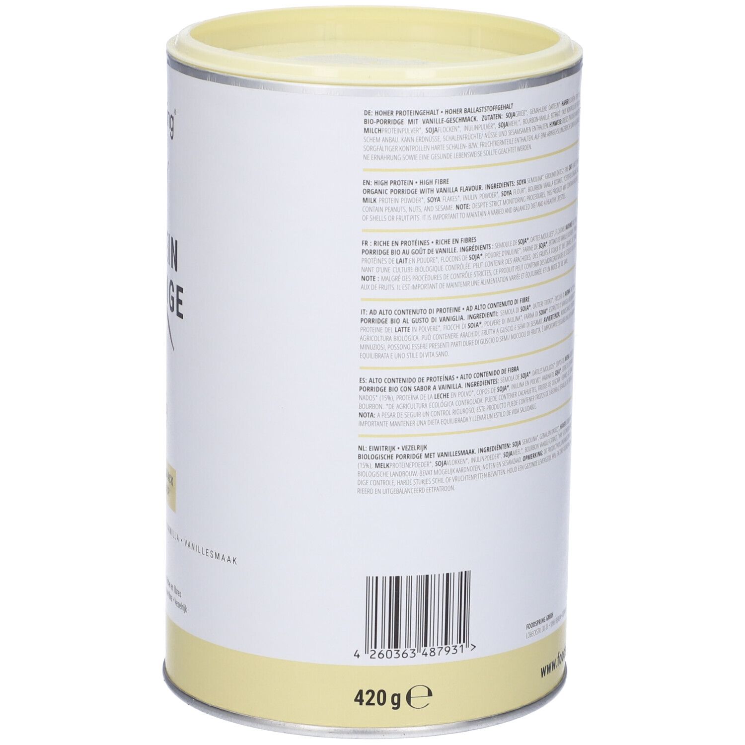 Barattolo cilindrico con informazioni sul prodotto. Scritta: Foodspring, Protein Porridge Vaniglia. 420g.