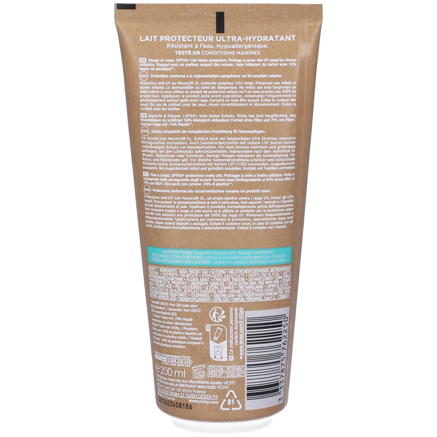 Retro di un tubo di latte solare. Testo e simboli su sfondo marrone. In basso: '200 ml'.