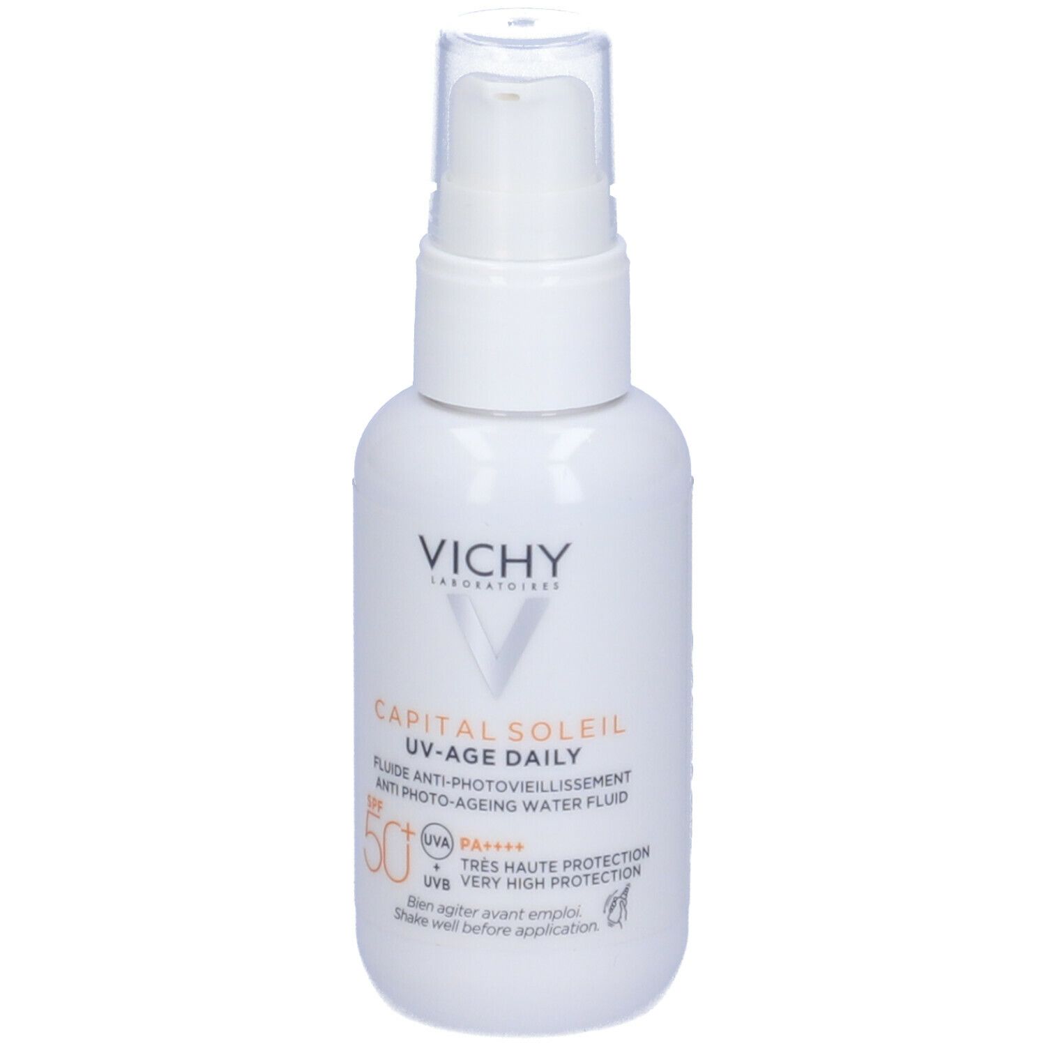 Flacone bianco con dosatore. Testo: Vichy, Capital Soleil UV-Age Daily, SPF50+.