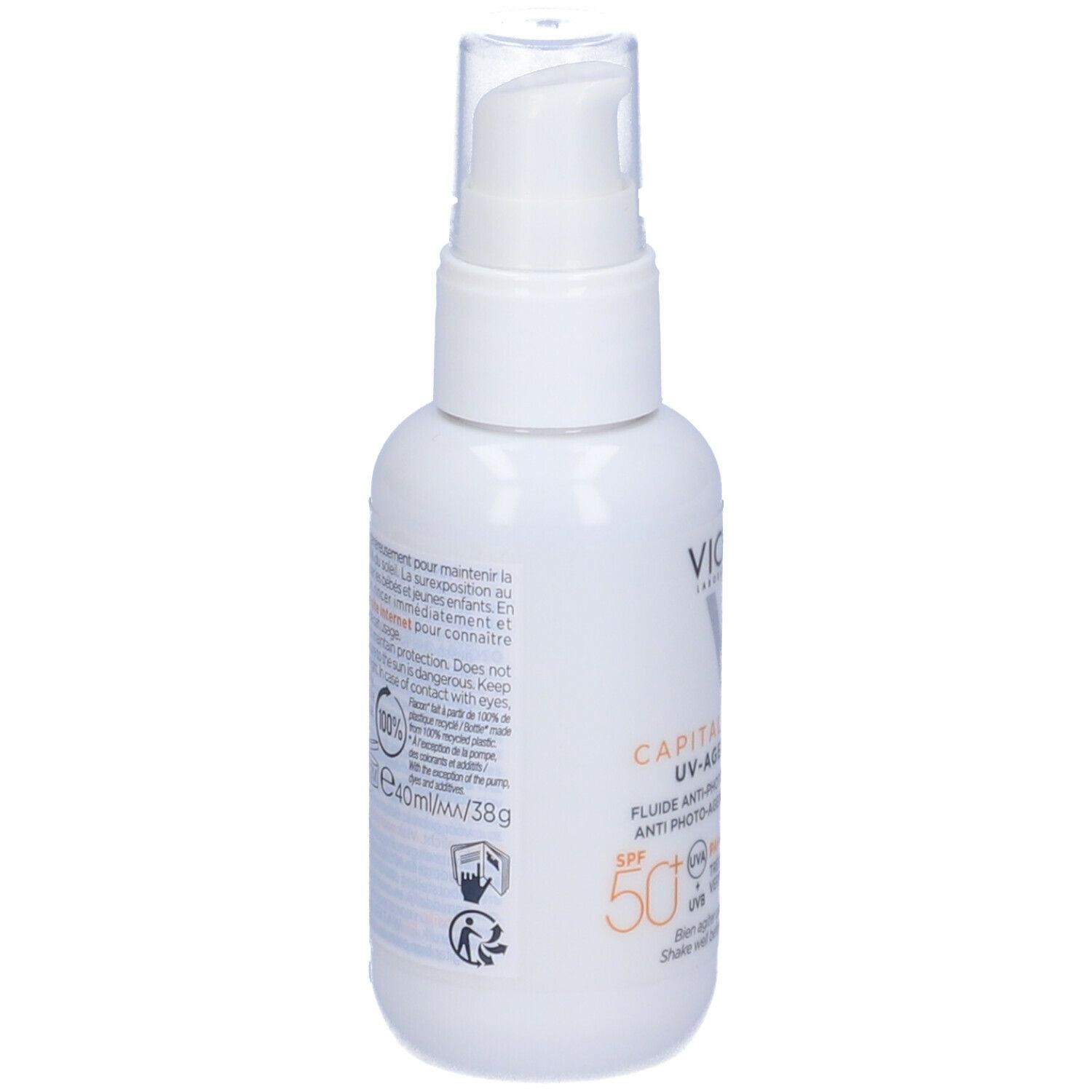 Retro del flacone. Testo: Vichy, Capital Soleil UV-Age Daily. Avvertenze e ingredienti.