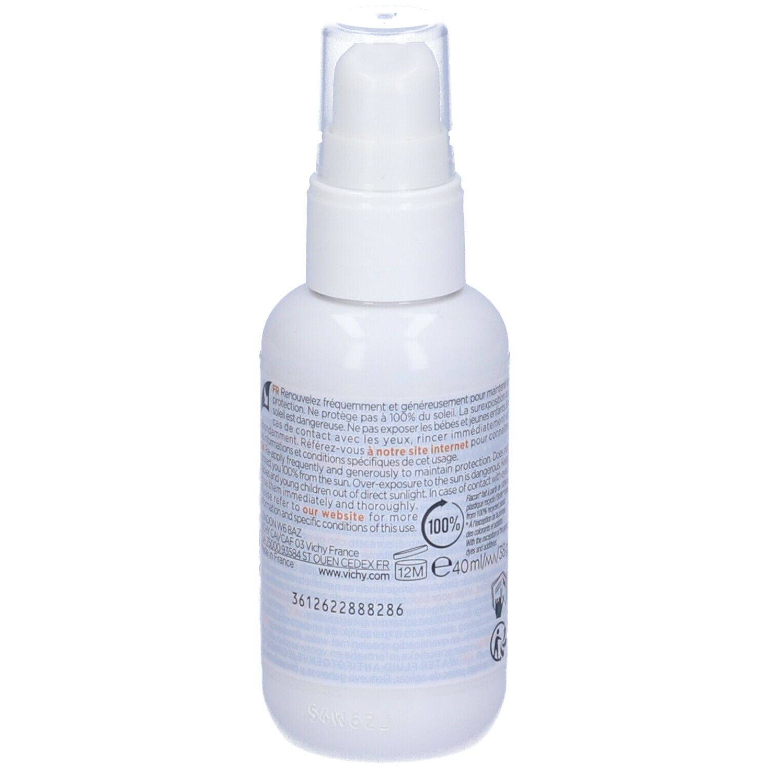 Retro del flacone. Testo: Vichy, Capital Soleil UV-Age Daily. Avvertenze e ingredienti.