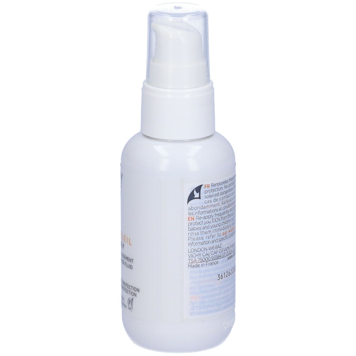 Retro del flacone. Testo: Vichy, Capital Soleil UV-Age Daily. Avvertenze e ingredienti.
