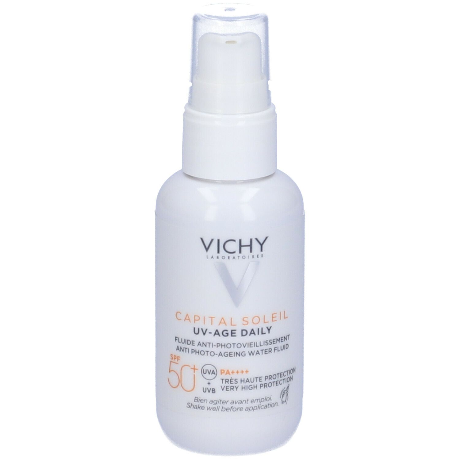 Flacone bianco con dosatore. Testo: Vichy, Capital Soleil UV-Age Daily, SPF50+.