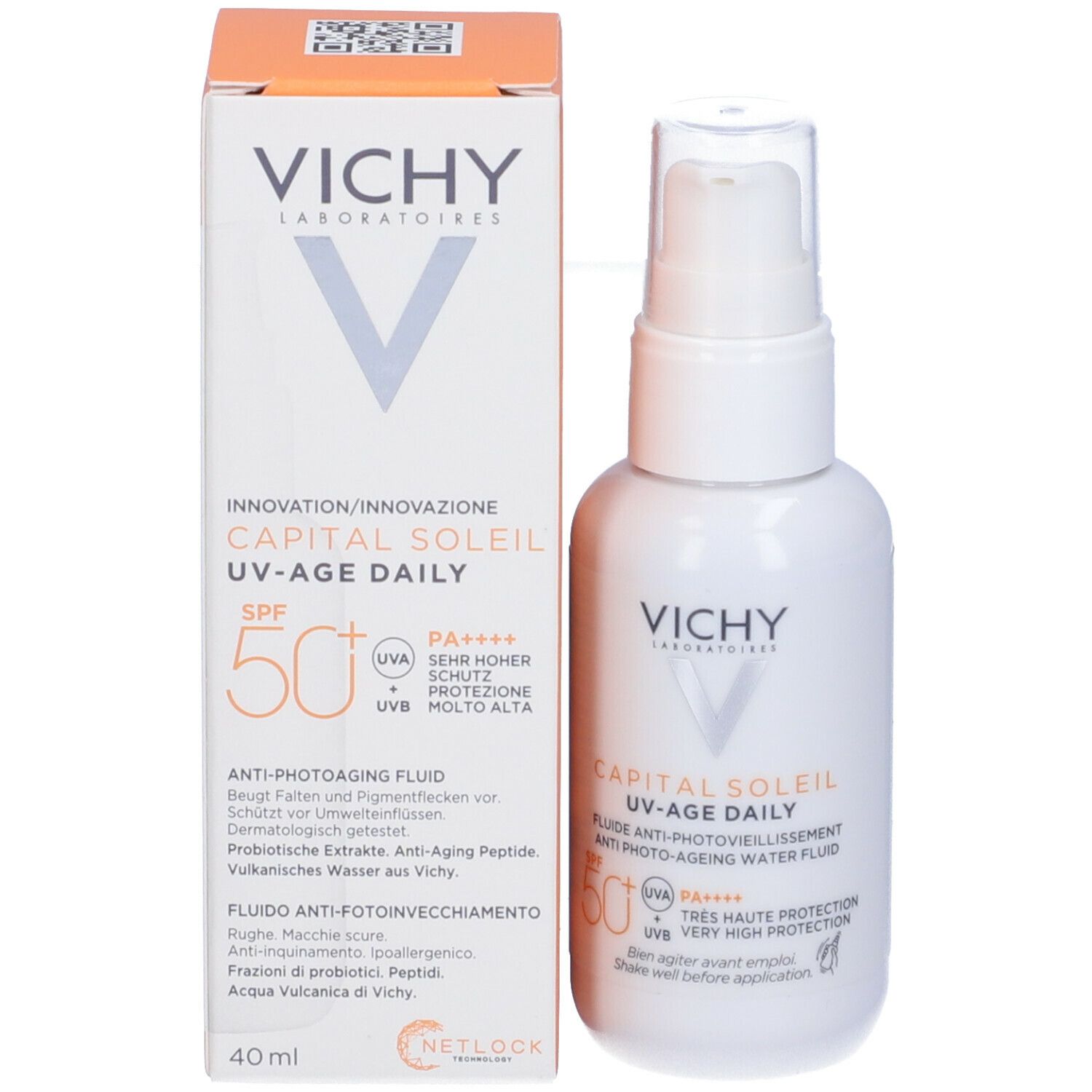 Flacone e confezione. Testo: Vichy, Capital Soleil UV-Age Daily, SPF50+.
