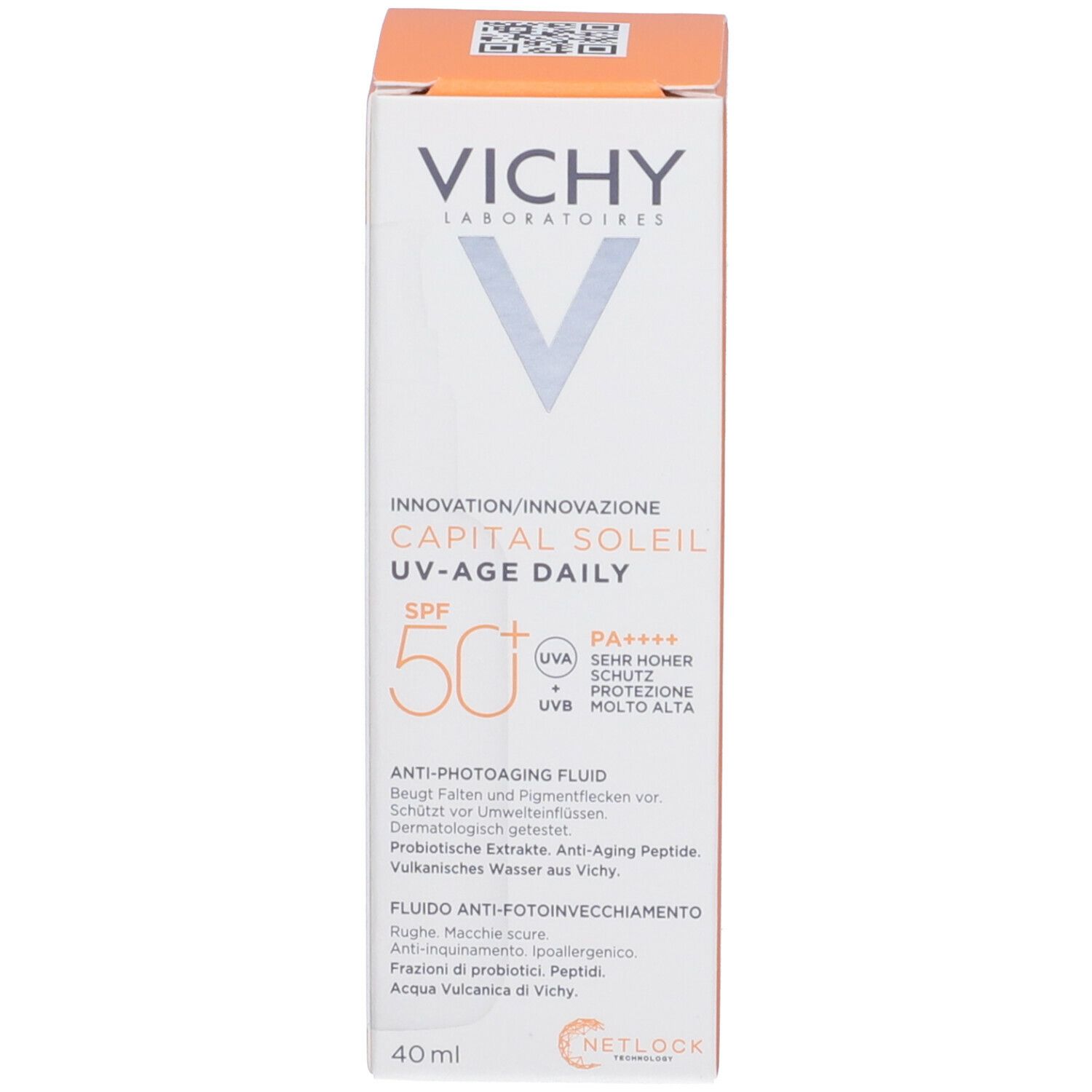 Confezione. Testo: Vichy, Capital Soleil UV-Age Daily, SPF50+. Ingredienti e informazioni.