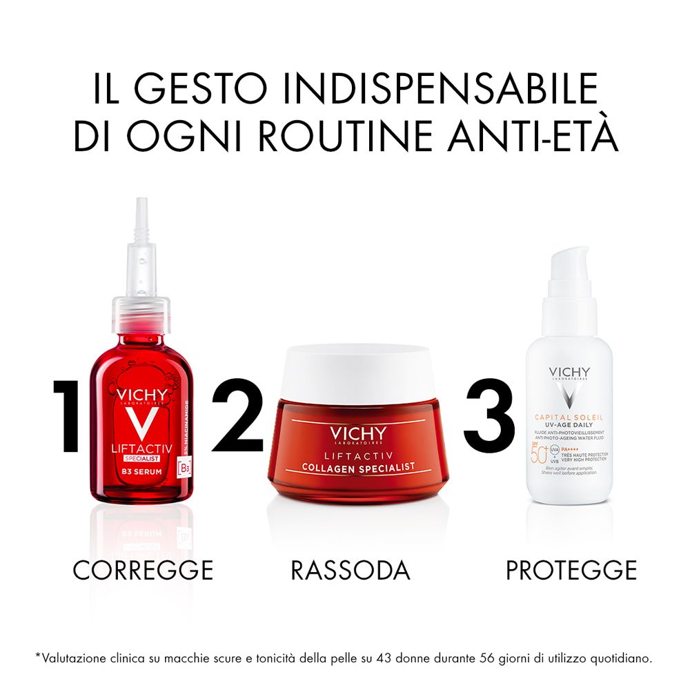 Tre prodotti: Vichy Liftactiv Serum, Collagen Specialist Crema, Capital Soleil UV-Age Daily. Testo.