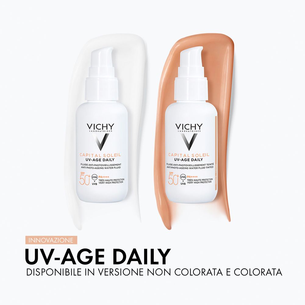 Due flaconi Capital Soleil UV-Age Daily. Testo: UV-Age Daily, non colorato e colorato.