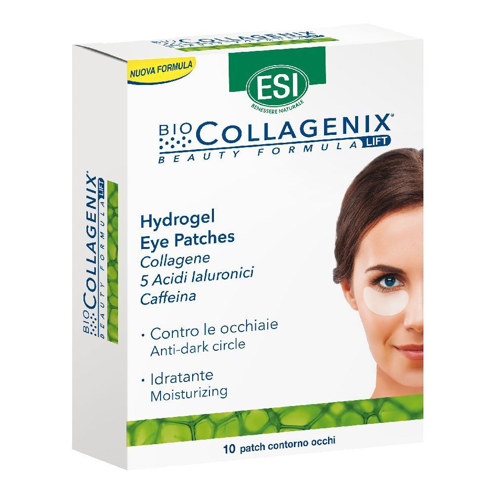 Confezione di ESI Biocollagenix® Augenpflaster. Contiene 10 patch occhi. Scritto: Hydrogel Eye Patches, Collagen, 5 Acidi Ialuronici, Caffeina.