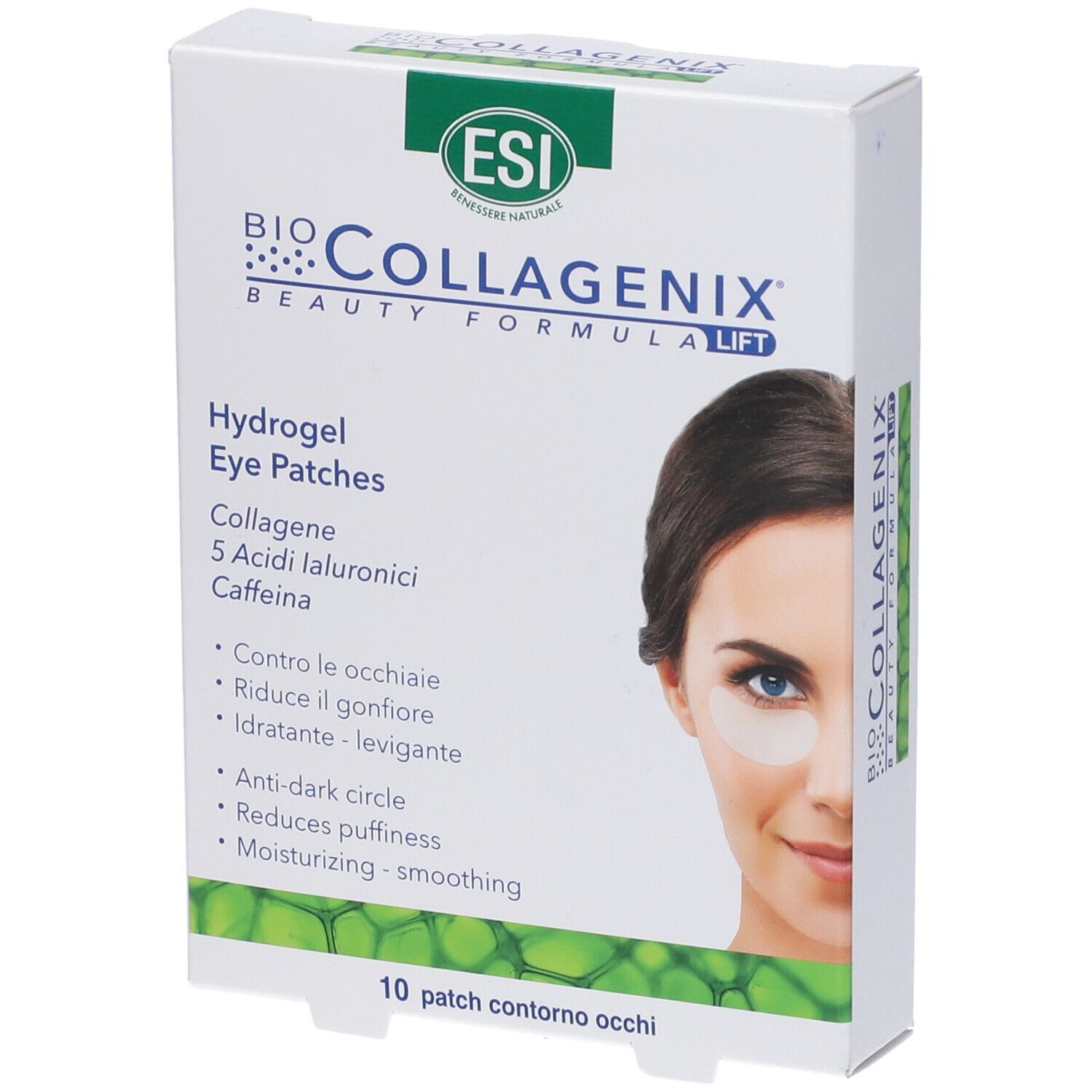 Confezione di ESI Biocollagenix® Augenpflaster. Scritto: Hydrogel Eye Patches, Collagen, 5 Acidi Ialuronici, Caffeina. Con donna con patch.