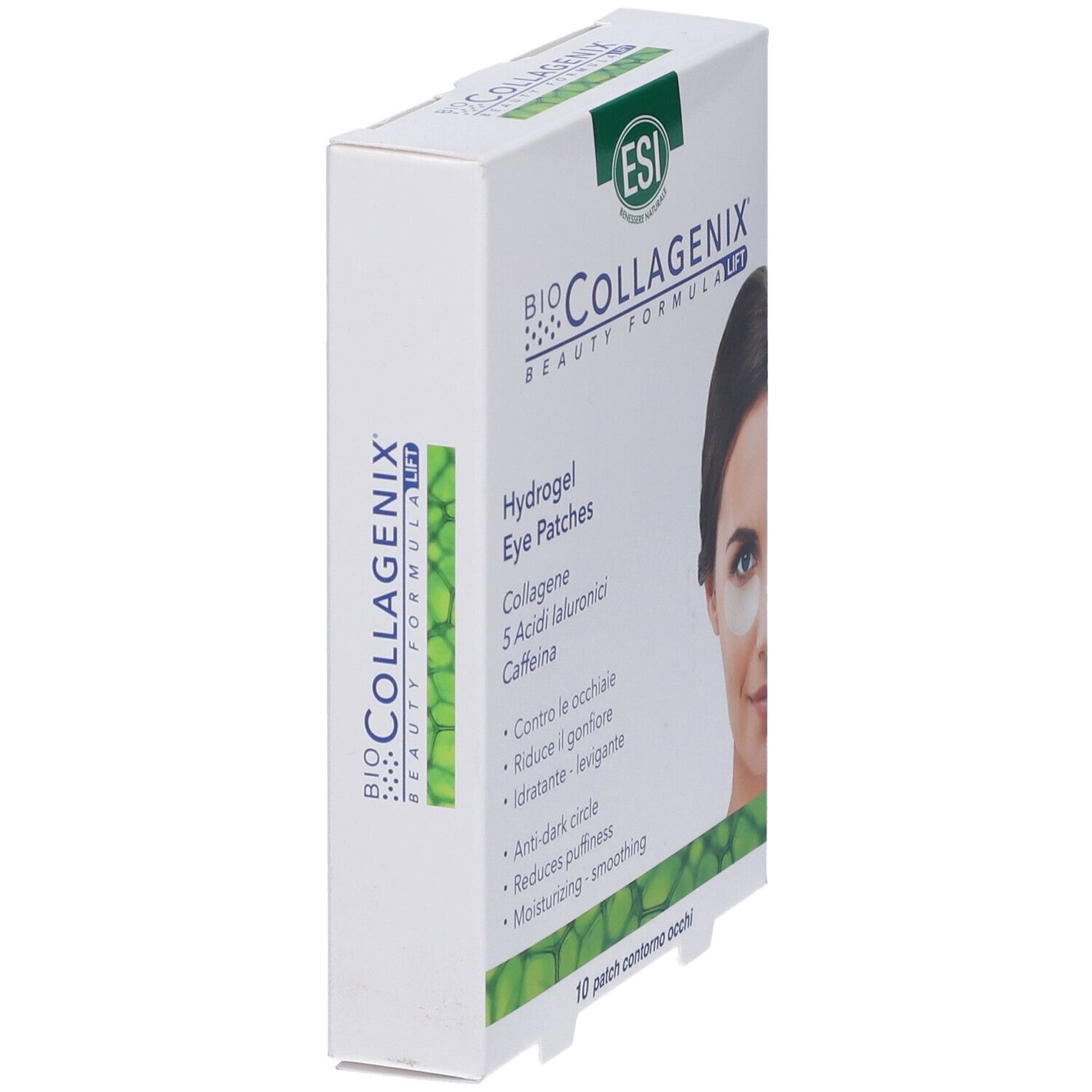 Confezione di ESI Biocollagenix® Augenpflaster. Scritto: Hydrogel Eye Patches, Collagen, 5 Acidi Ialuronici, Caffeina. Con donna con patch.