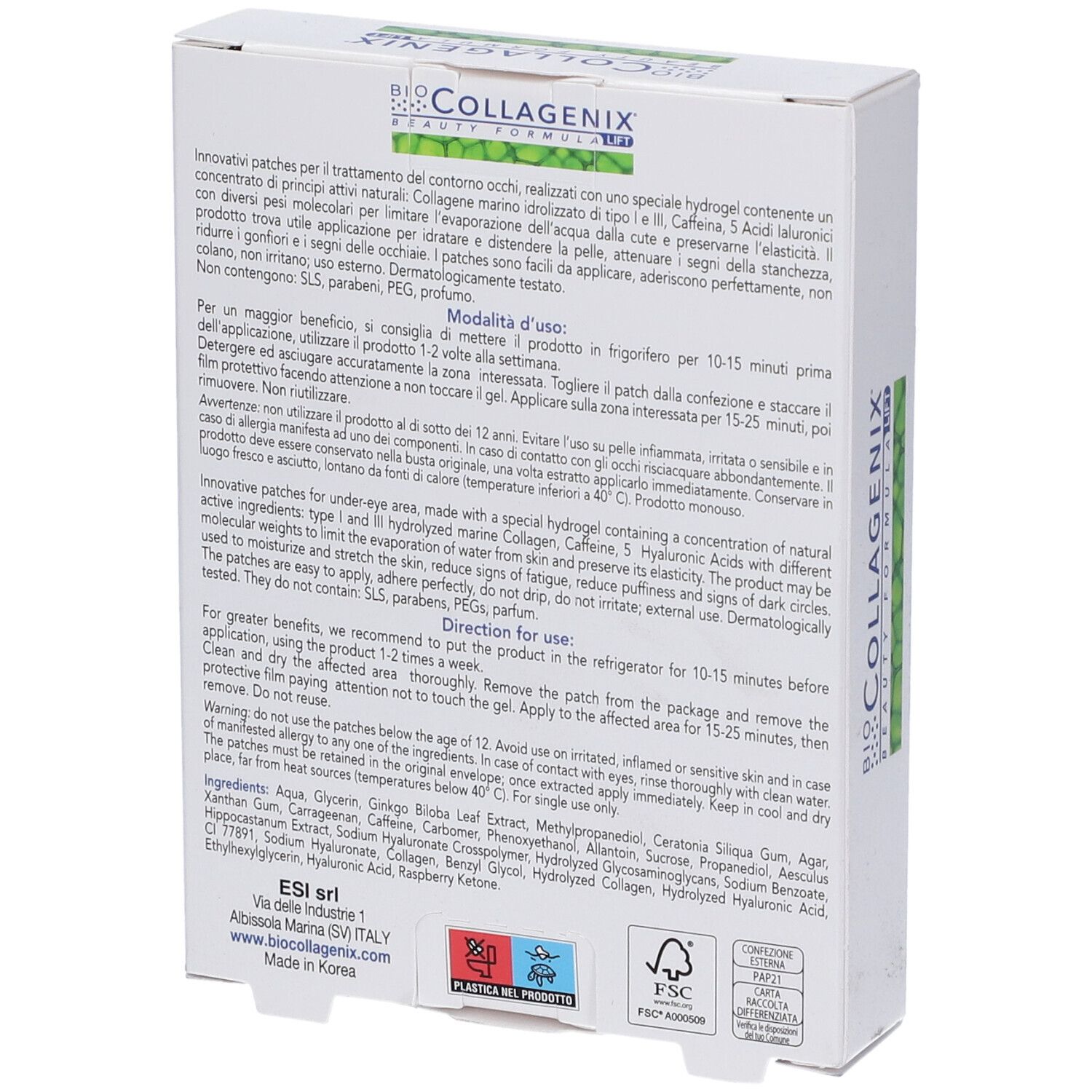 Vista laterale della confezione di ESI Biocollagenix® Augenpflaster. Scritto: Hydrogel Eye Patches, Collagen, 5 Acidi Ialuronici, Caffeina.