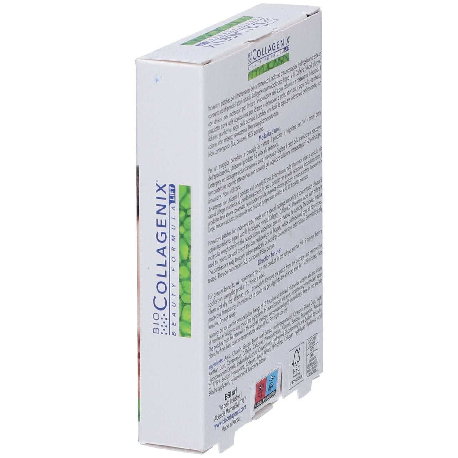 Retro della confezione di ESI Biocollagenix® Augenpflaster. Testo multilingue. Certificazione FSC.