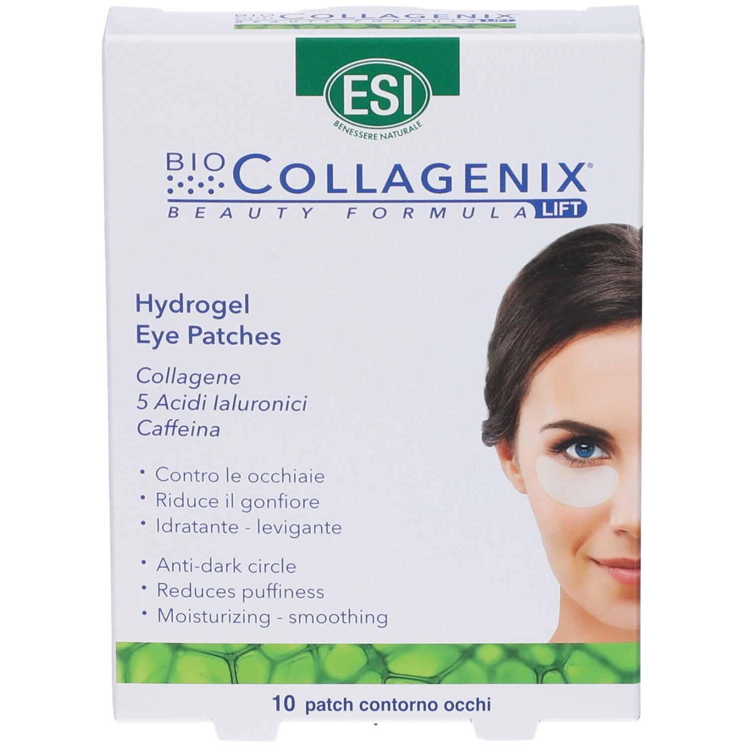 Vista laterale della confezione di ESI Biocollagenix® Augenpflaster. Testo multilingue.