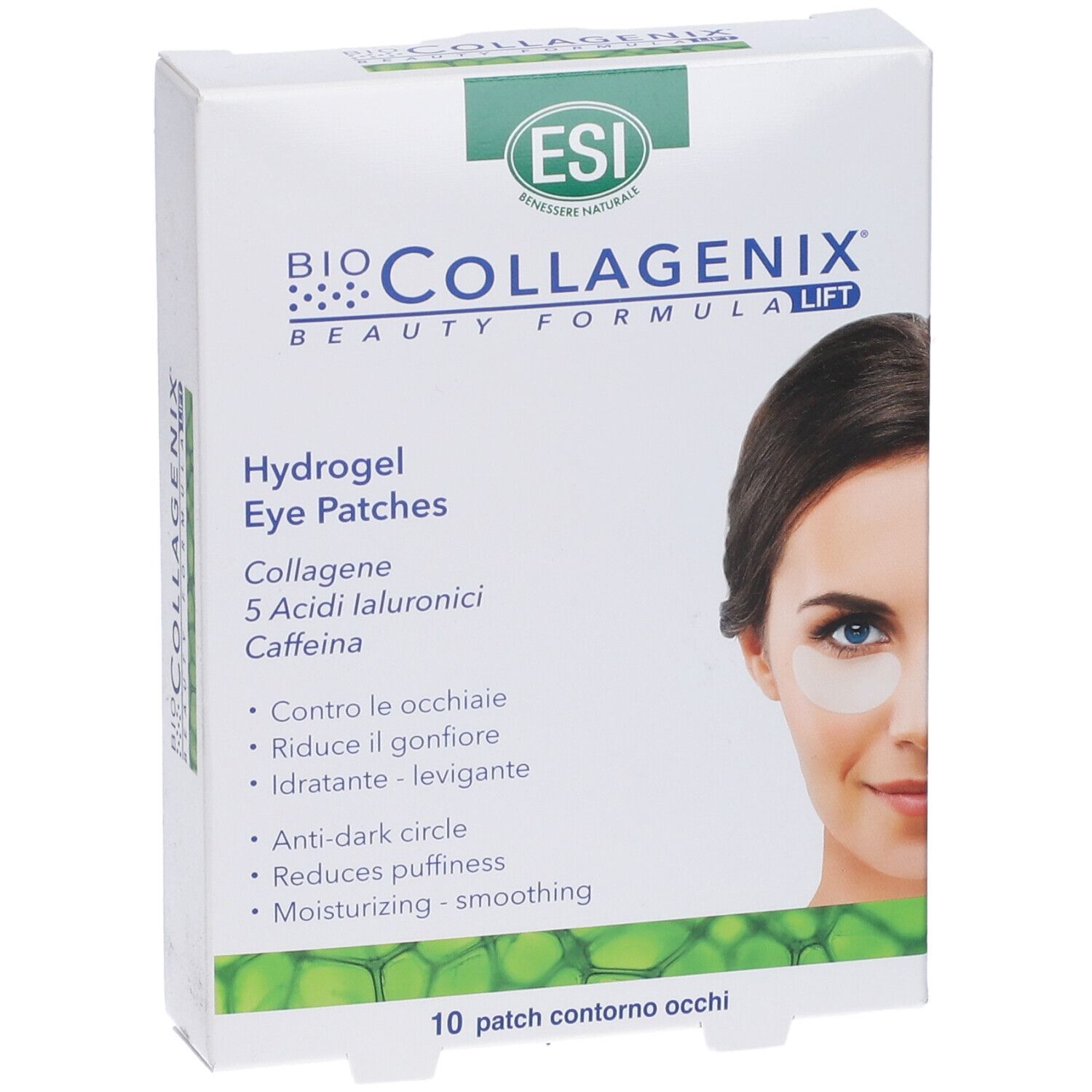 Confezione di ESI Biocollagenix® Augenpflaster. Scritto: Hydrogel Eye Patches, Collagen, 5 Acidi Ialuronici, Caffeina. Con donna con patch.