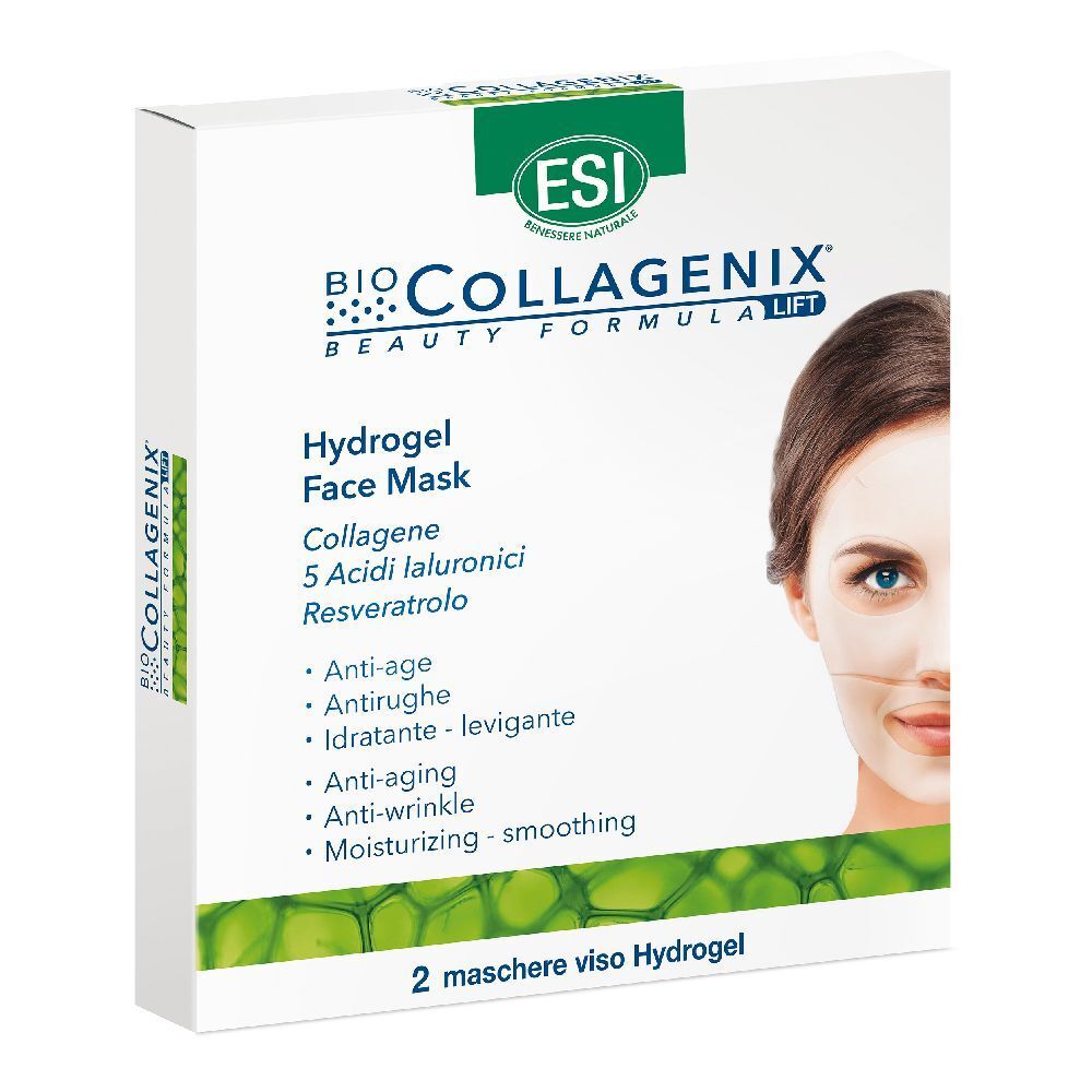 Confezione bianca con nome e logo del prodotto. Contiene due maschere viso in idrogel. Raffigurata una donna con maschera.