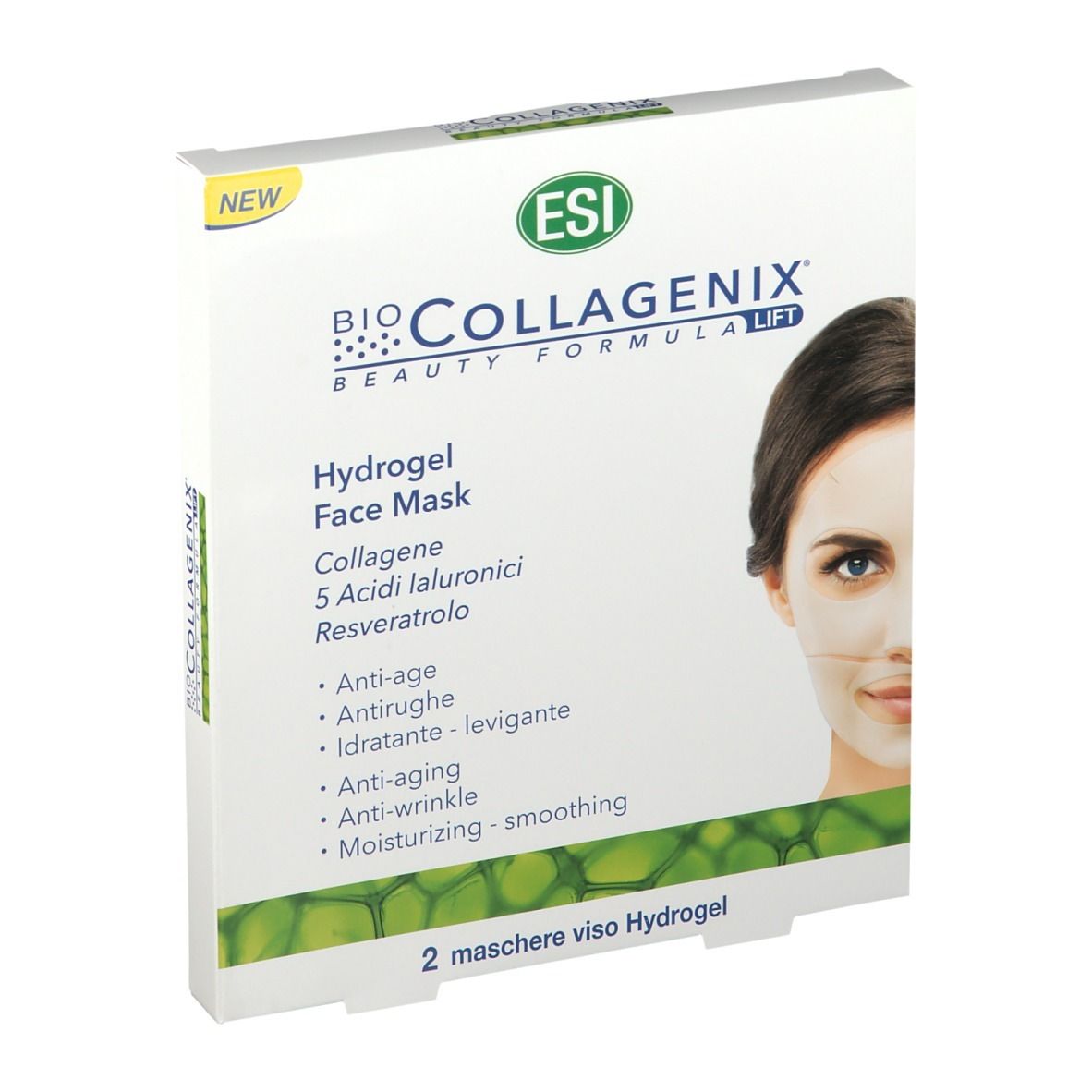 Confezione bianca con nome e logo del prodotto. Contiene due maschere viso in idrogel. Con adesivo 'NEW'.