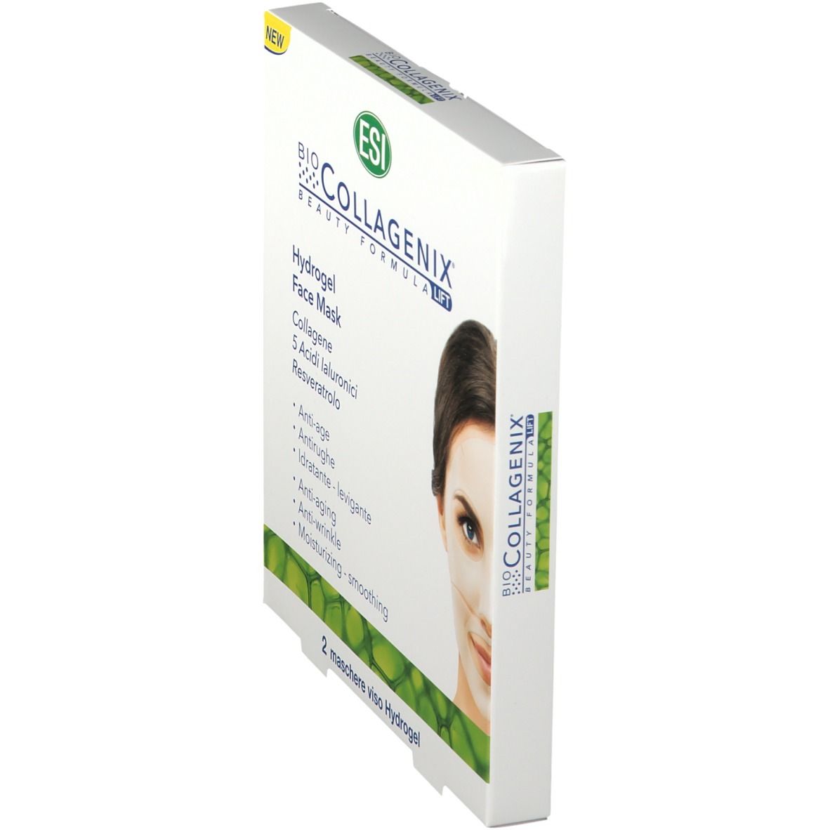 Confezione bianca inclinata con nome e logo del prodotto. Contiene due maschere viso in idrogel.