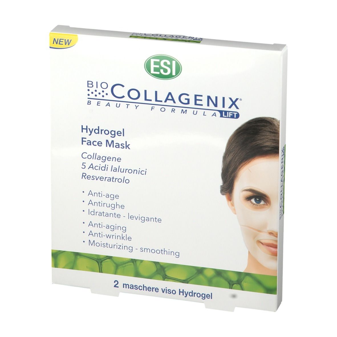 Confezione bianca con nome e logo del prodotto. Contiene due maschere viso in idrogel. Con adesivo 'NEW'.