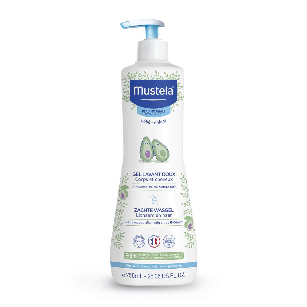 Flacone bianco con dosatore blu. Scritta Mustela, Gel Lavant Doux, 750ml. Contiene avocado.