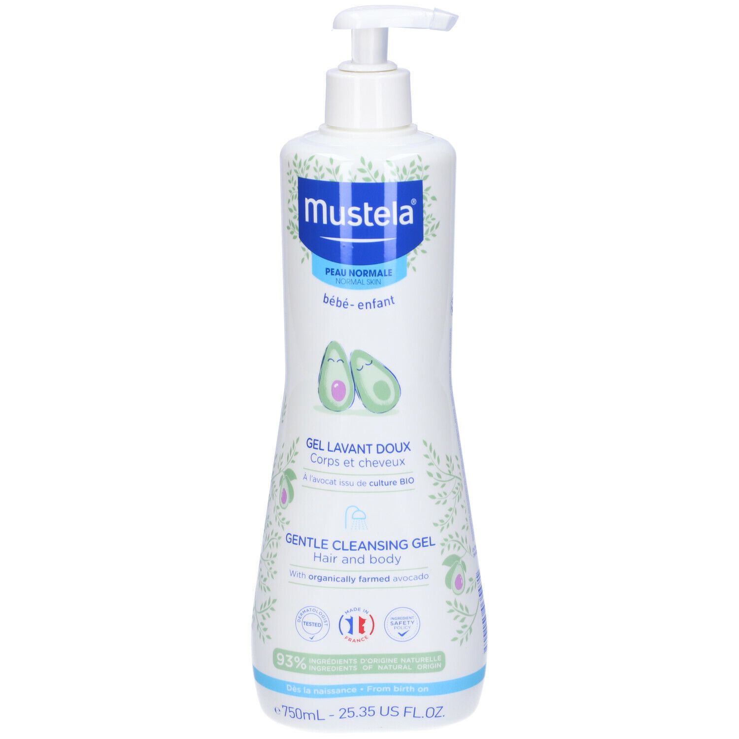 Flacone bianco con dosatore blu. Scritta Mustela, Gel Lavant Doux, 750ml. Per pelli normali.