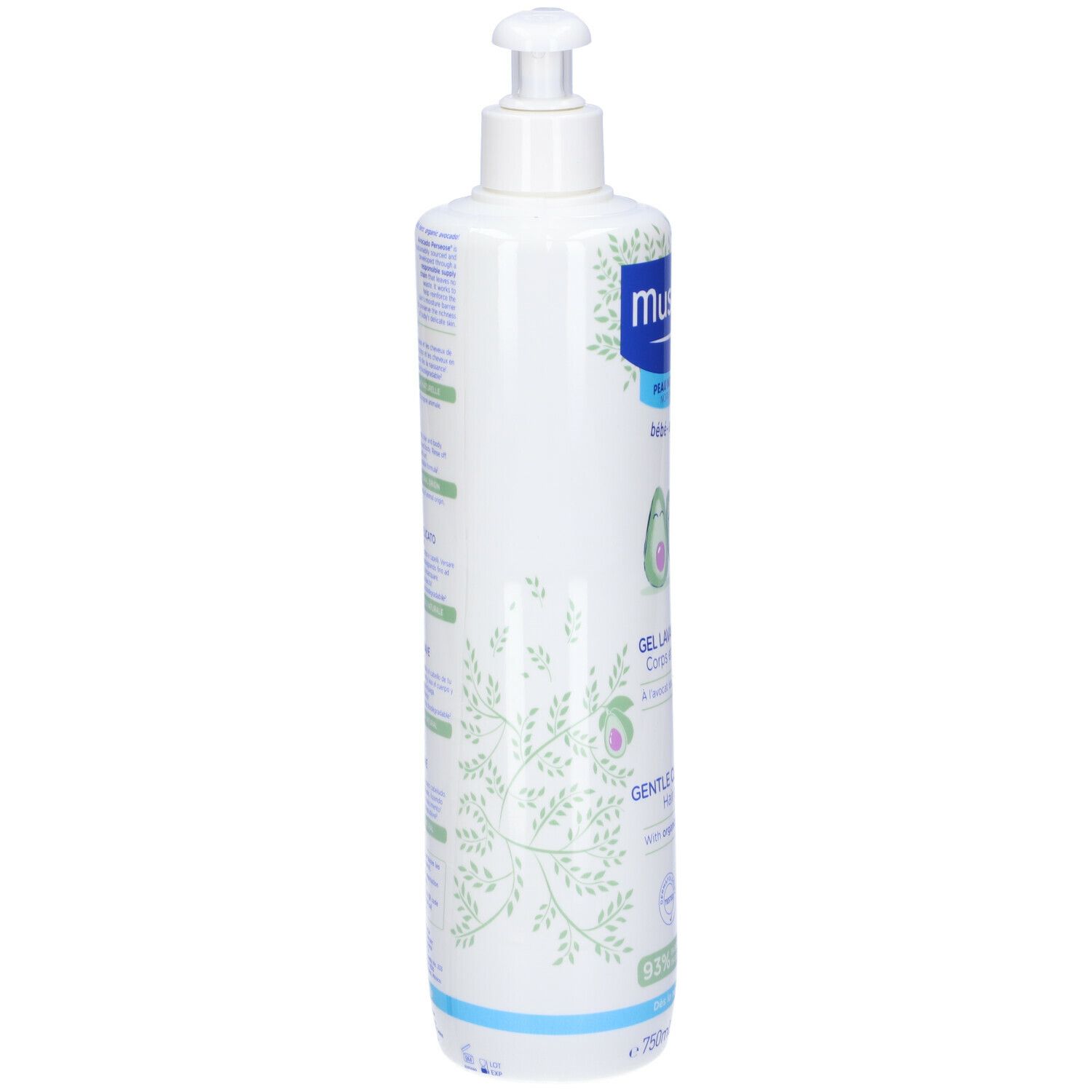 Flacone bianco con dosatore blu. Scritta Mustela, Gel Lavant Doux, 750ml. Vista laterale.